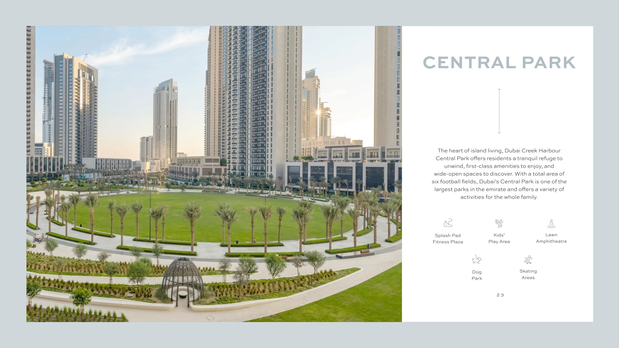 Central Park в Dubai Creek Harbour: большой газон, пальмы и башни вокруг