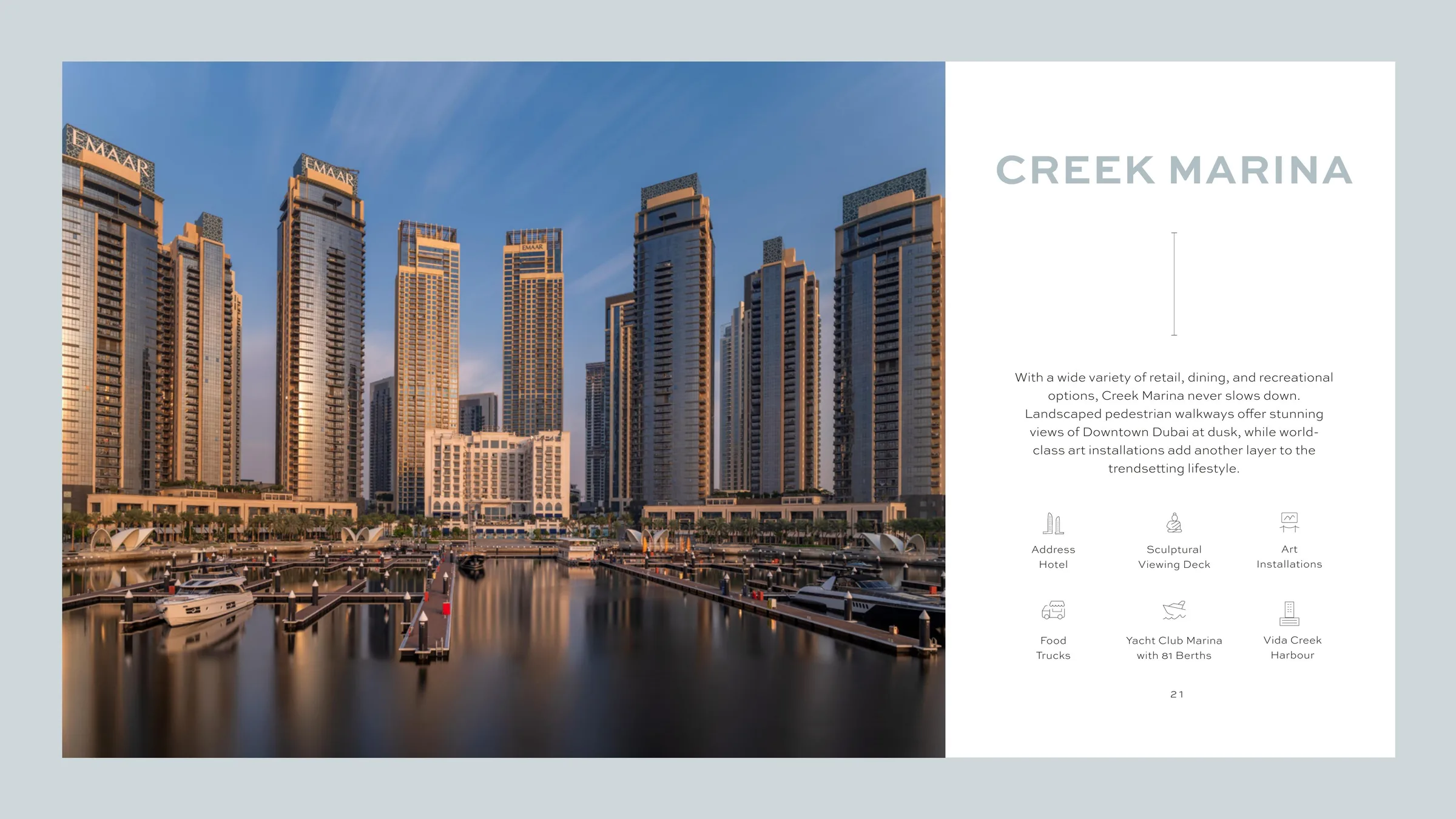 Creek Marina на закате: яхты у причалов и башни вокруг гавани