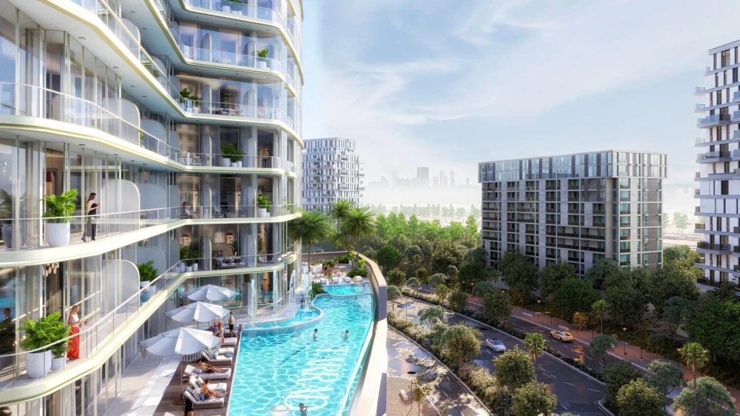 Бассейн вдоль фасада Celesto 2 Tower и дома квартала