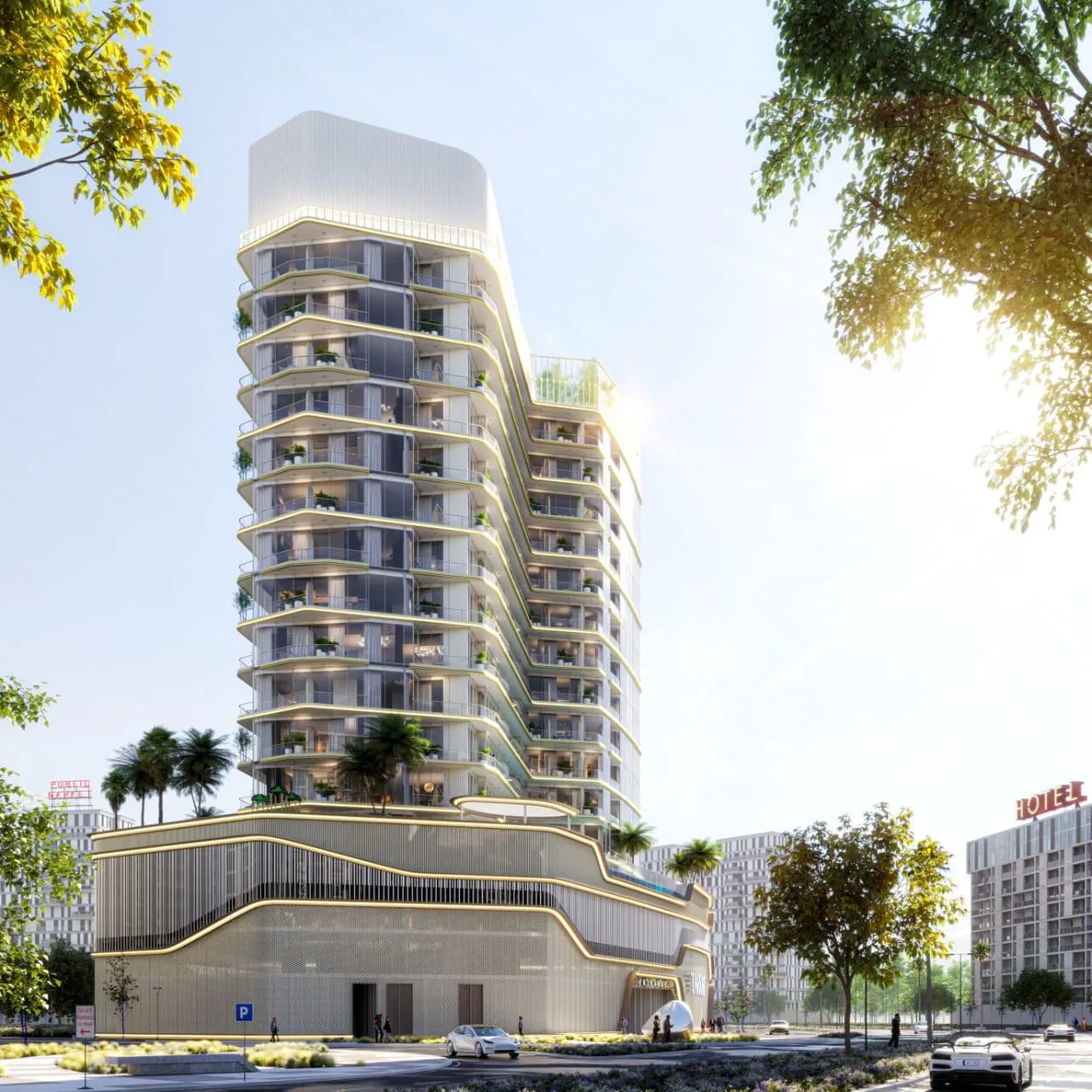 Celesto 2 Tower с улицы, деревья вдоль дороги