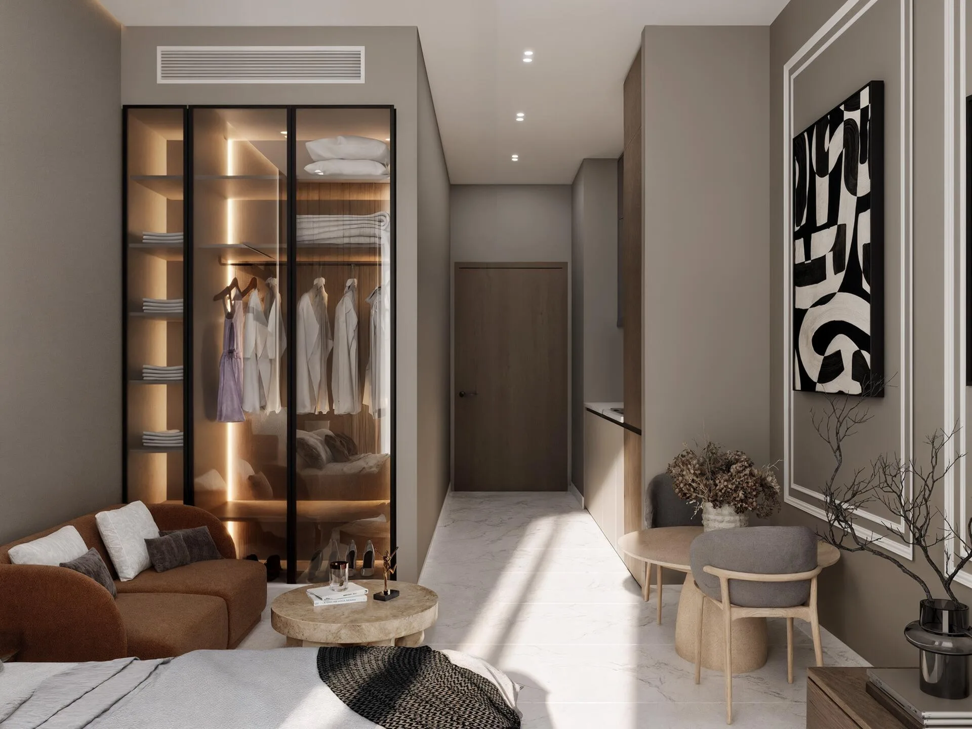 Шкаф со стеклянными дверцами и коридор в квартире Celesto 2 Tower