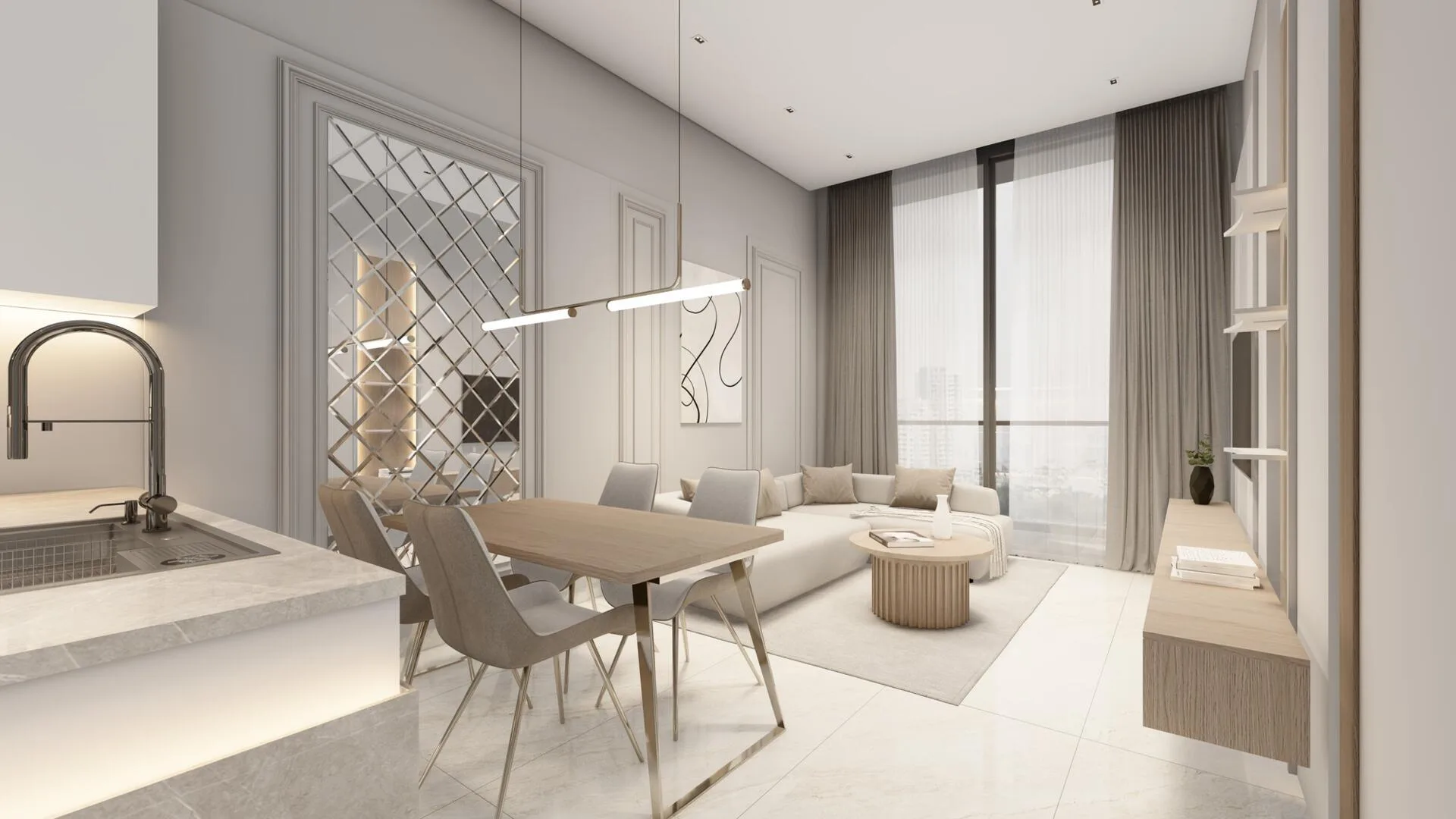 Гостиная, кухня и обеденный стол в квартире Celesto 2 Tower