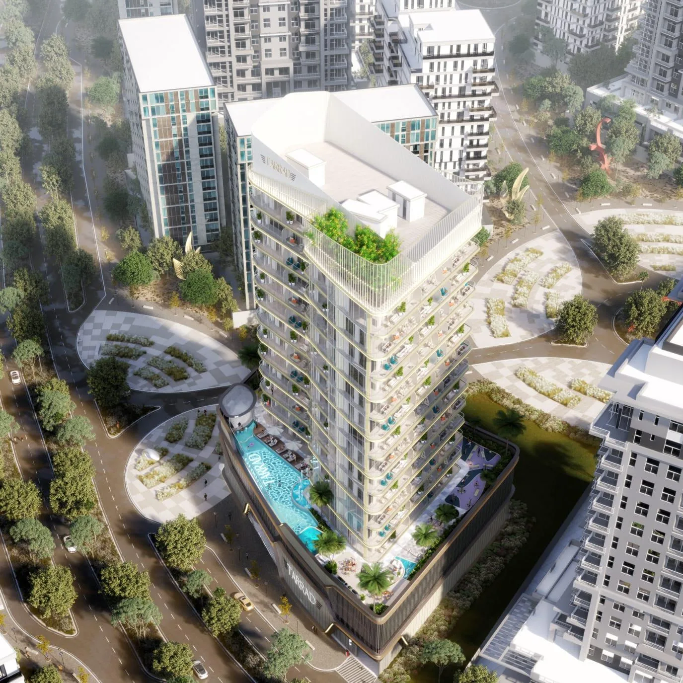 Celesto 2 Tower сверху: башня, бассейн на подиуме и соседние дома