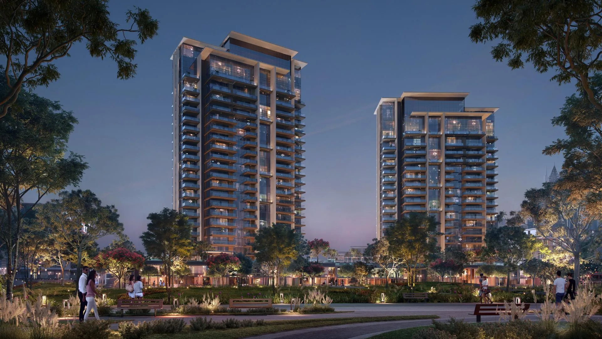 Две башни Central Park Plaza вечером над парком