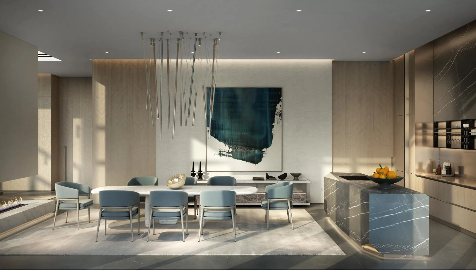 Столовая и кухня с островом в квартире Central Park Plaza