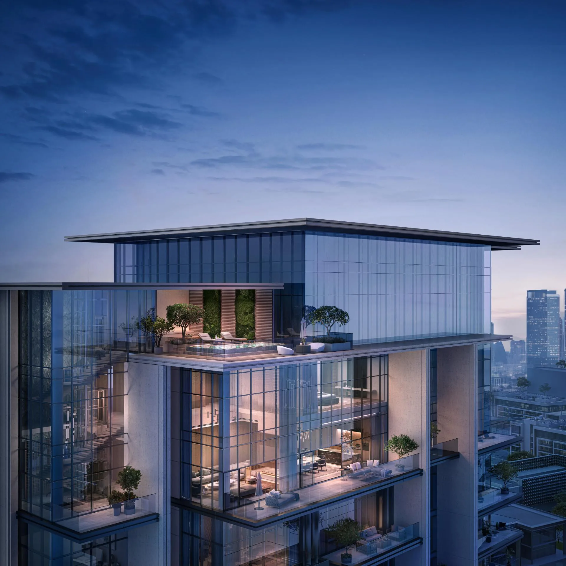 Верхние этажи башни Central Park Plaza с остеклёнными террасами