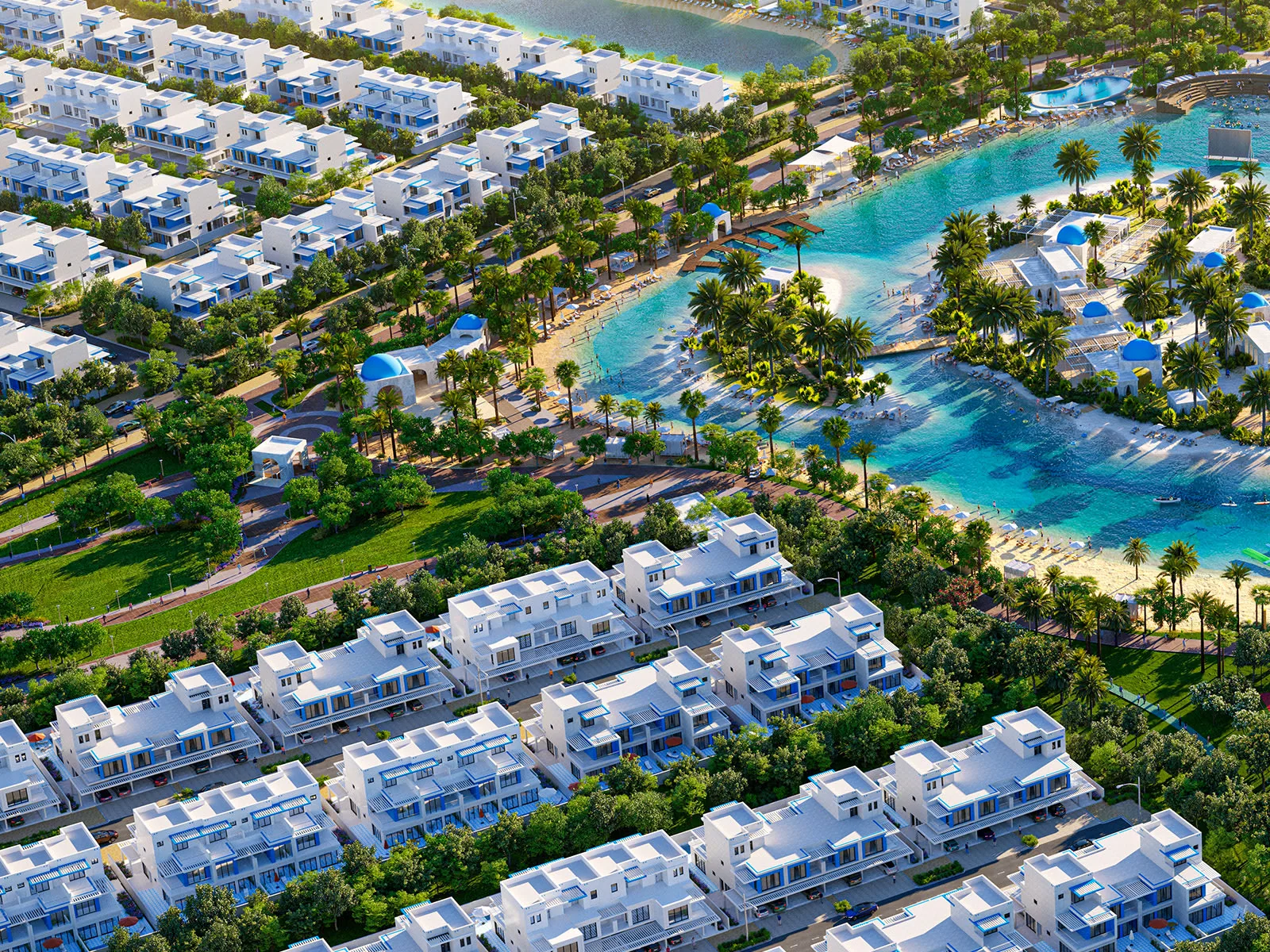 Визуализация: белые кварталы DAMAC Lagoons среди зелени и воды
