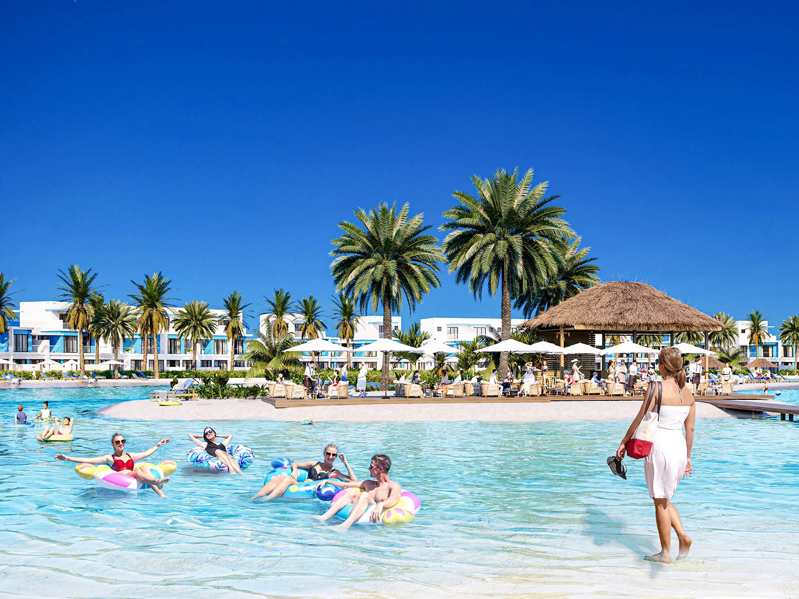 Визуализация: пляж у лагуны DAMAC Lagoons с отдыхающими