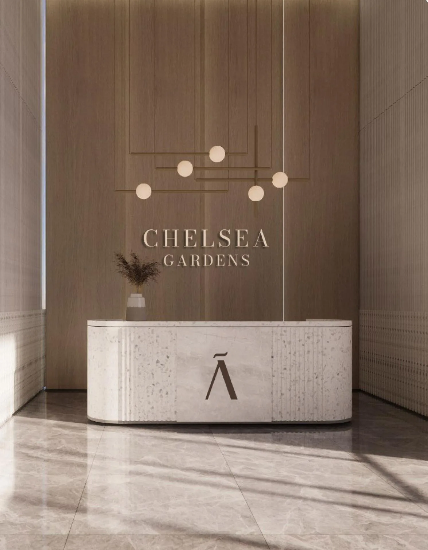 Стойка ресепшн, над ней надпись Chelsea Gardens