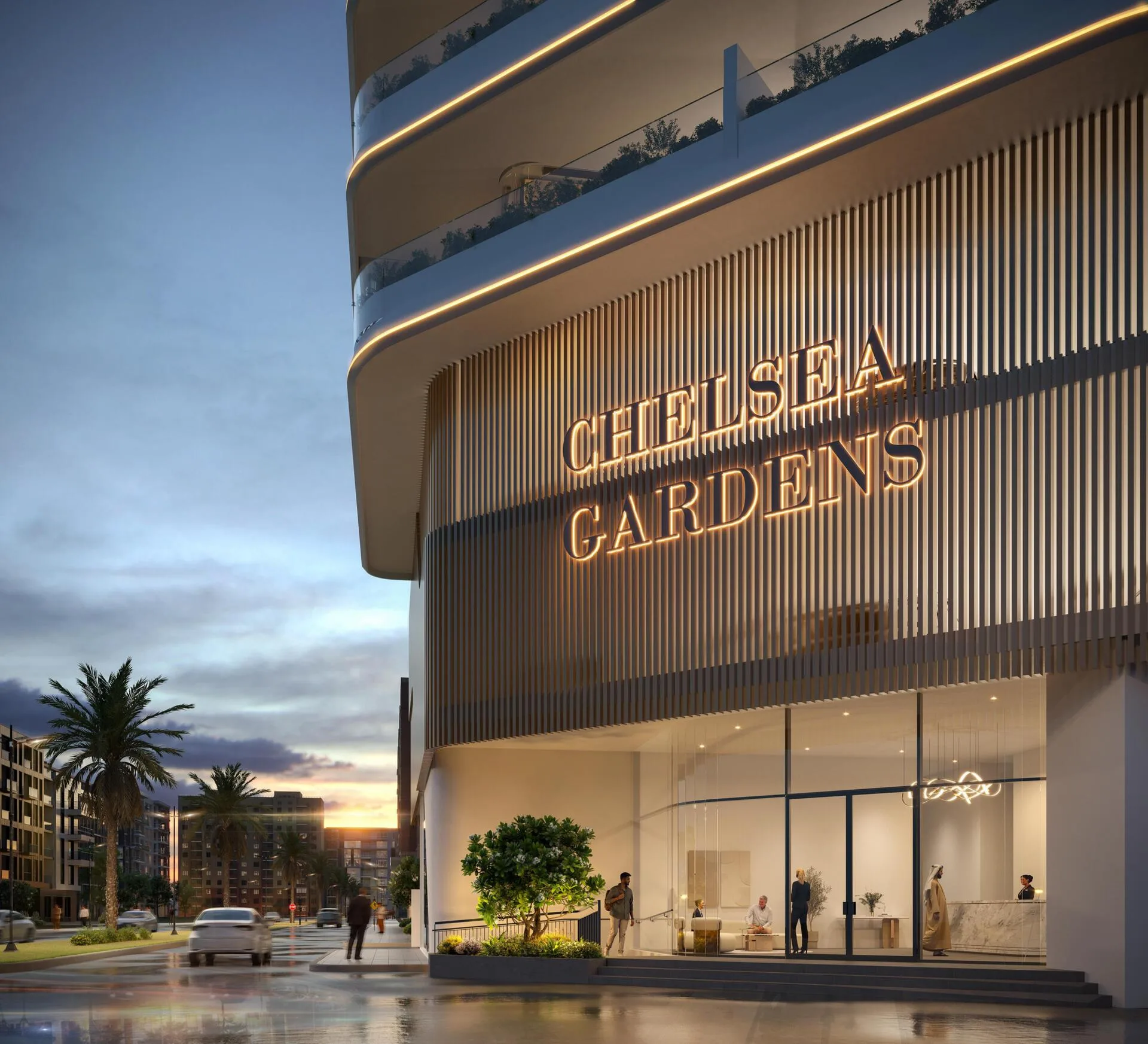Вход в Chelsea Gardens с вывеской вечером