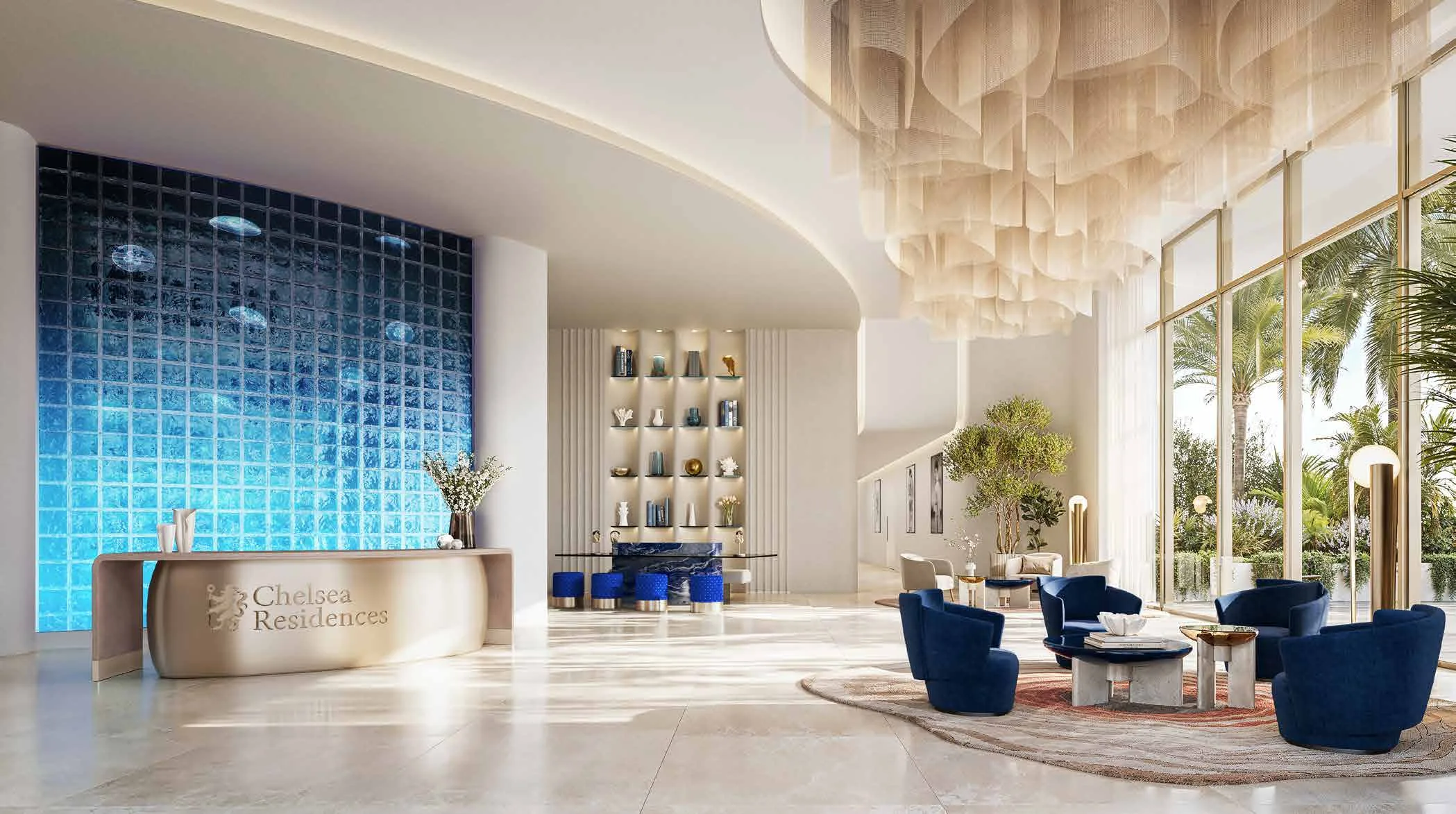 Grand Atrium Chelsea Residences: стойка, кресла и стена из стеклянных блоков