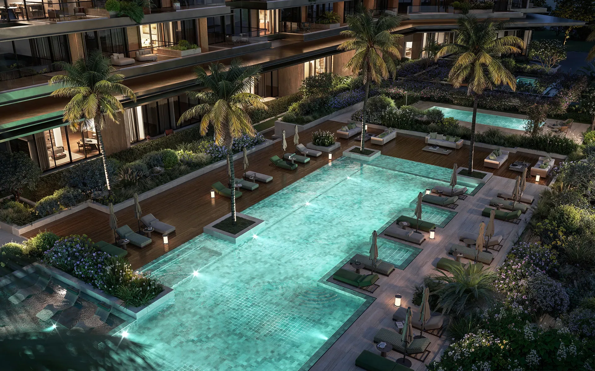 Визуализация: бассейн во дворе Cheval Residences вечером