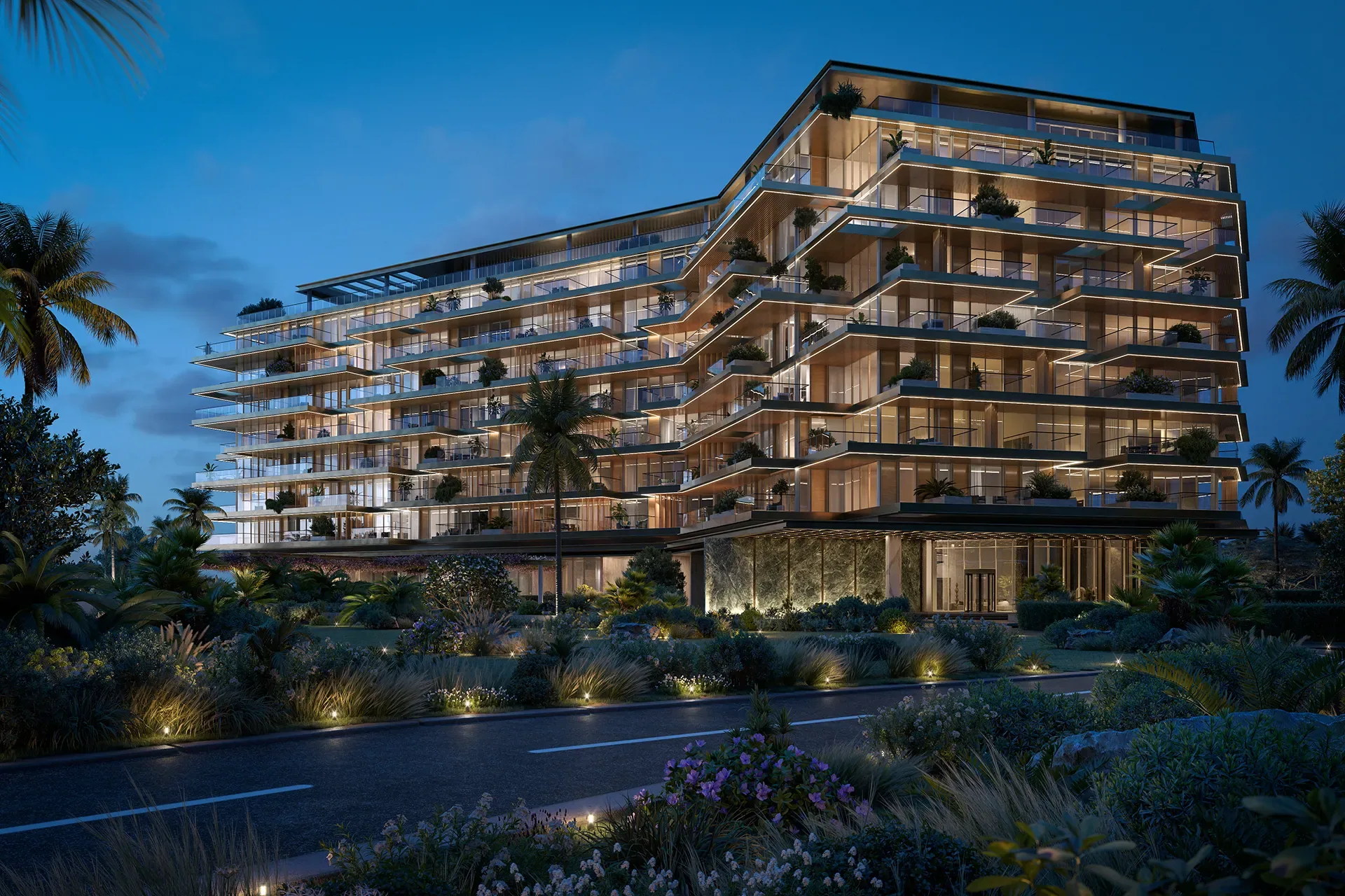 Визуализация: Cheval Residences в сумерках среди сада