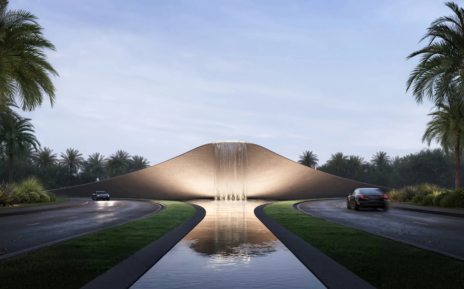 Визуализация: въезд в Grand Polo Club & Resort с фонтаном