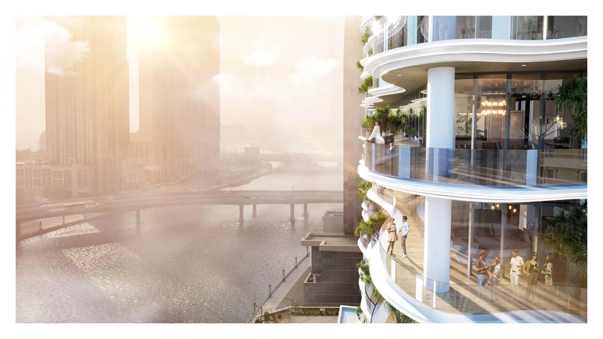 Изогнутые балконы Chic Tower на закате над водой