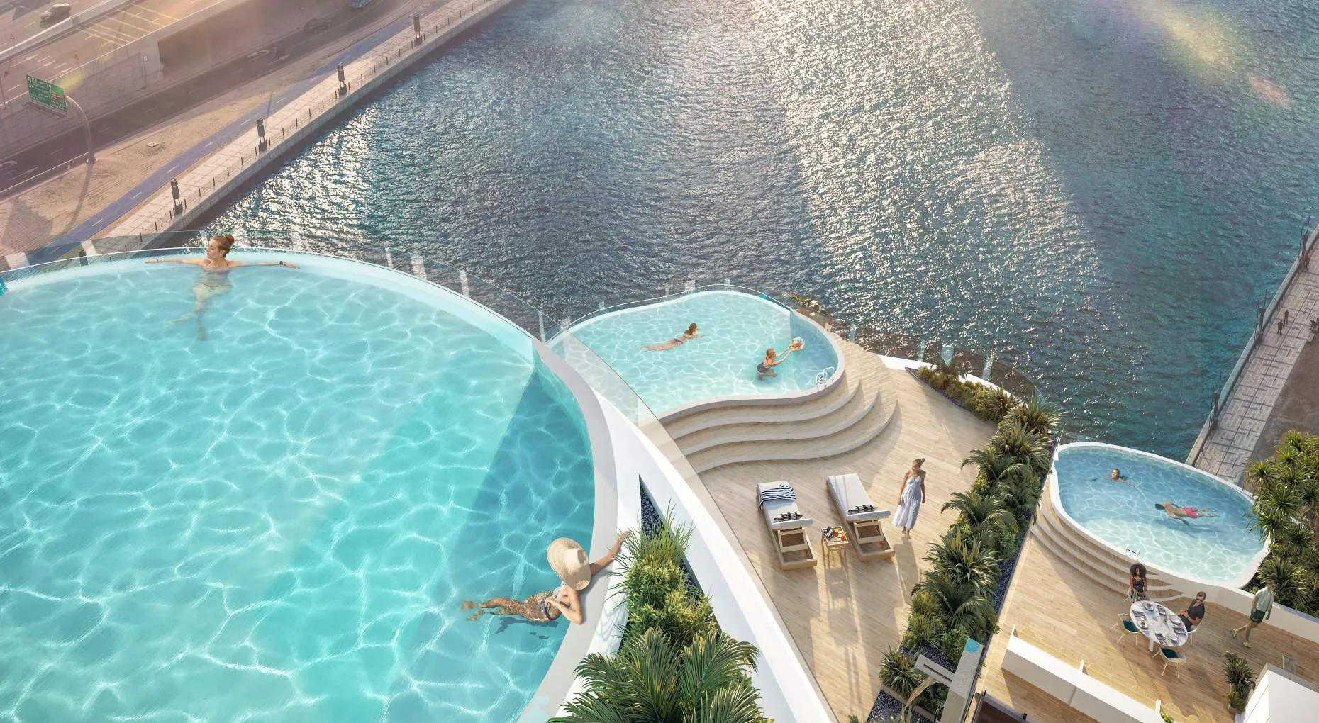Бассейны Chic Tower над водой, вид сверху