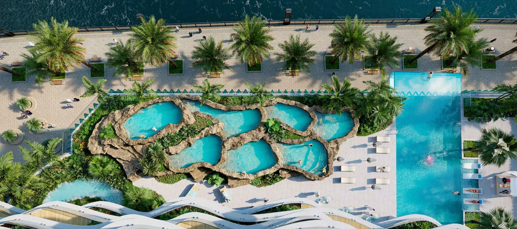Каменные чаши с водой и длинный бассейн Chic Tower, вид сверху