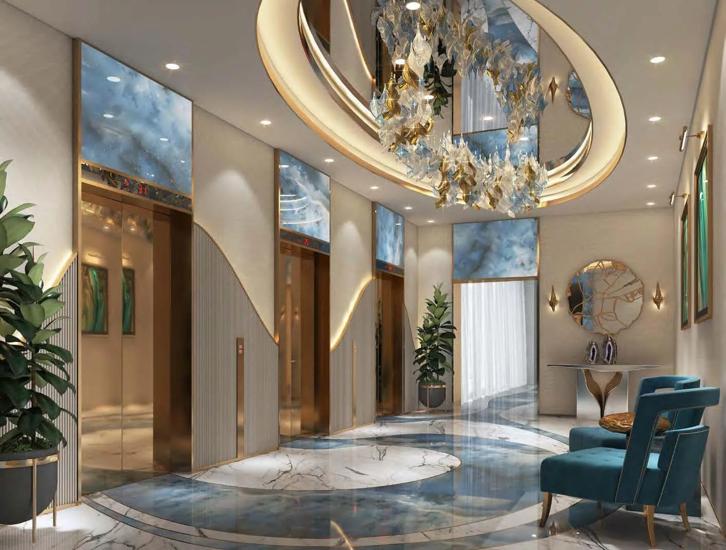Лифтовой холл Chic Tower в бирюзовых тонах