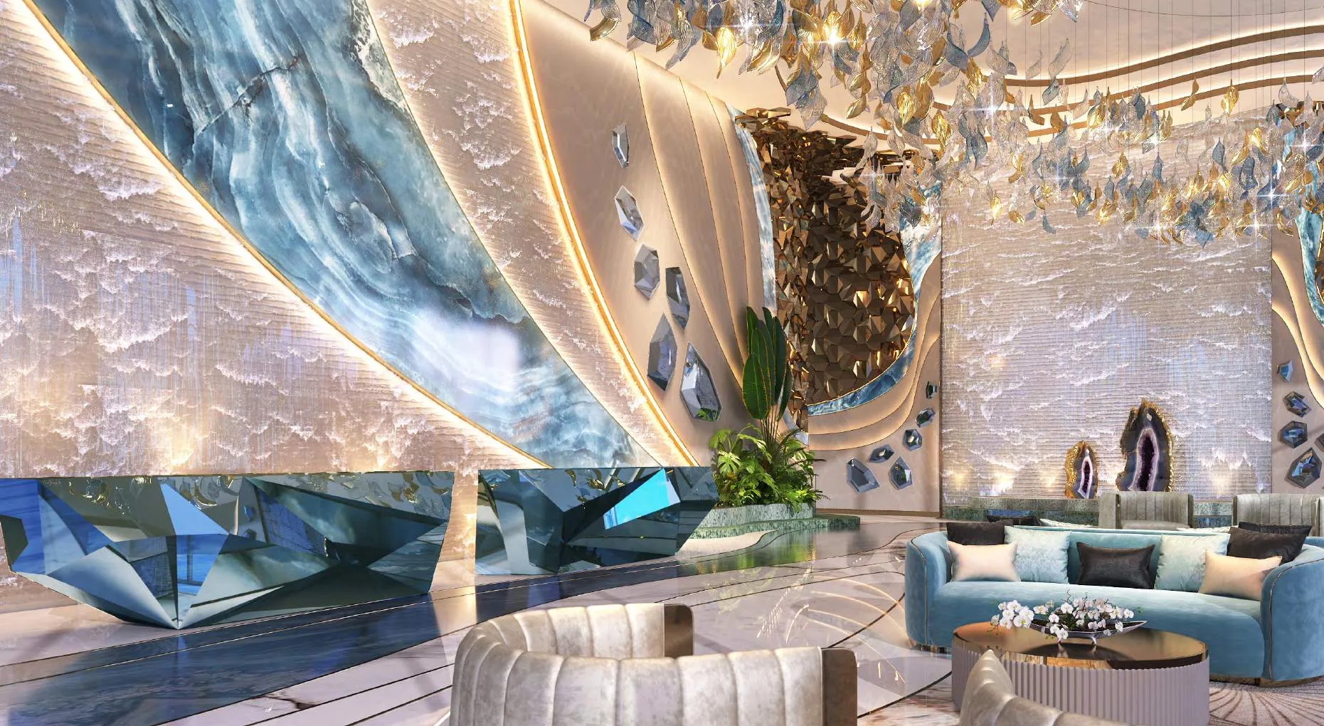 Лобби Chic Tower: стойка, бирюзовые панели и хрустальная люстра