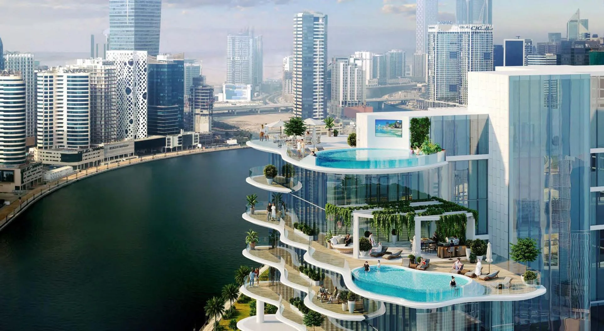 Террасы и бассейны Chic Tower над водой Business Bay