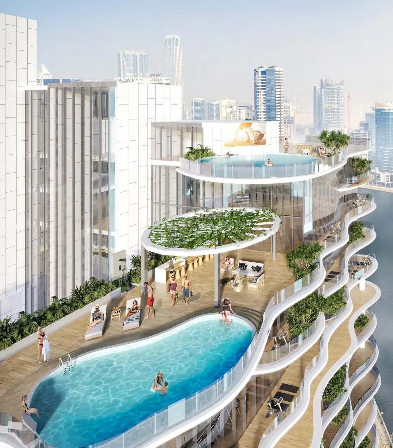 Изогнутые террасы Chic Tower с бассейнами и зеленью