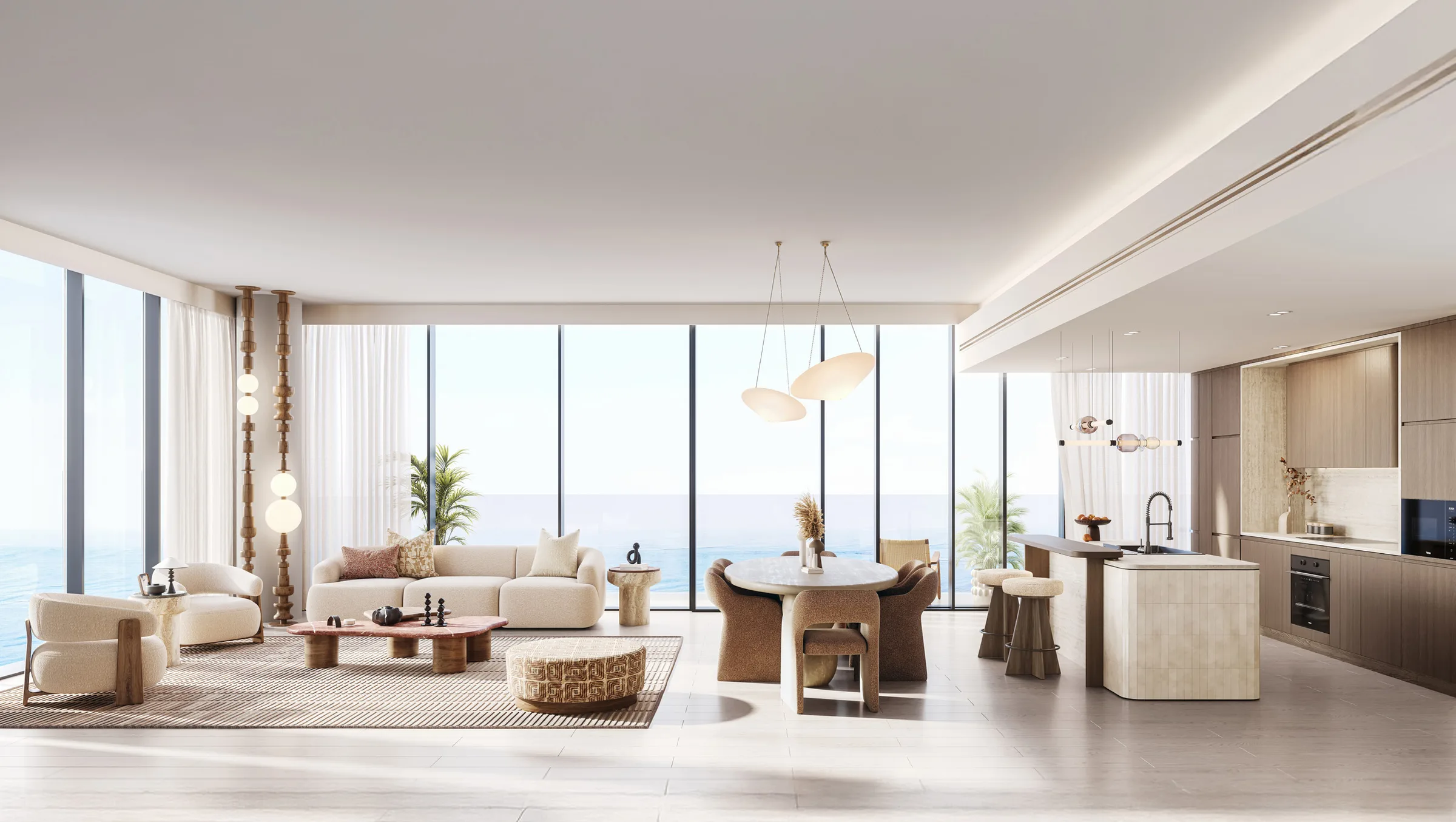 Гостиная с кухней в квартире Costa Mare, окна на море