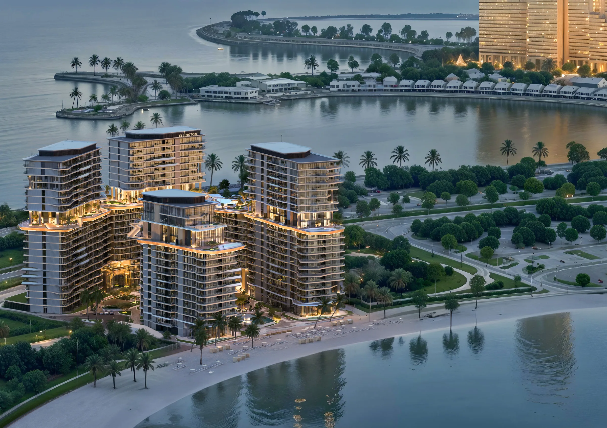 Costa Mare вечером с высоты: башни у пляжа