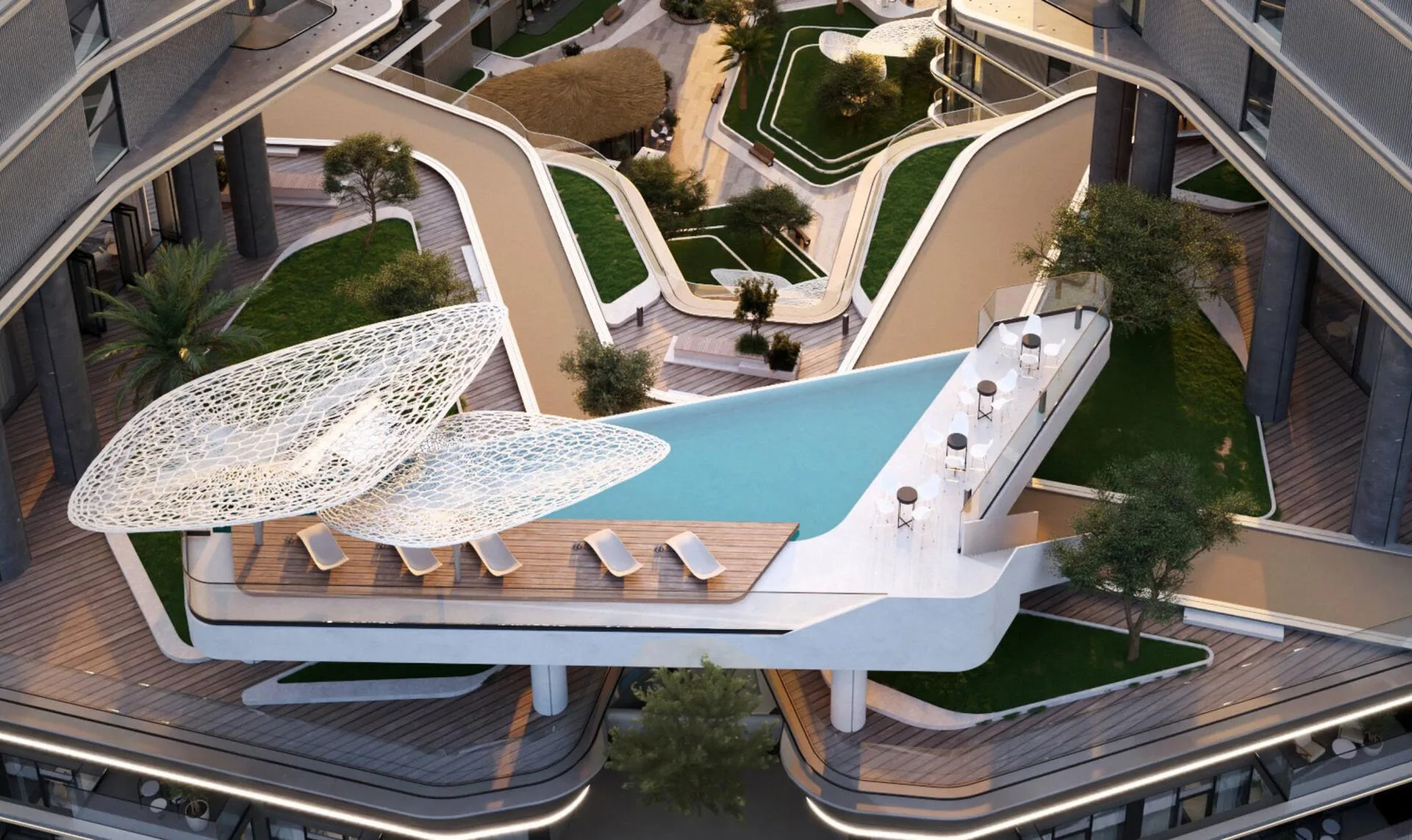 Бассейн с ажурными навесами на общей террасе между корпусами Costa Mare