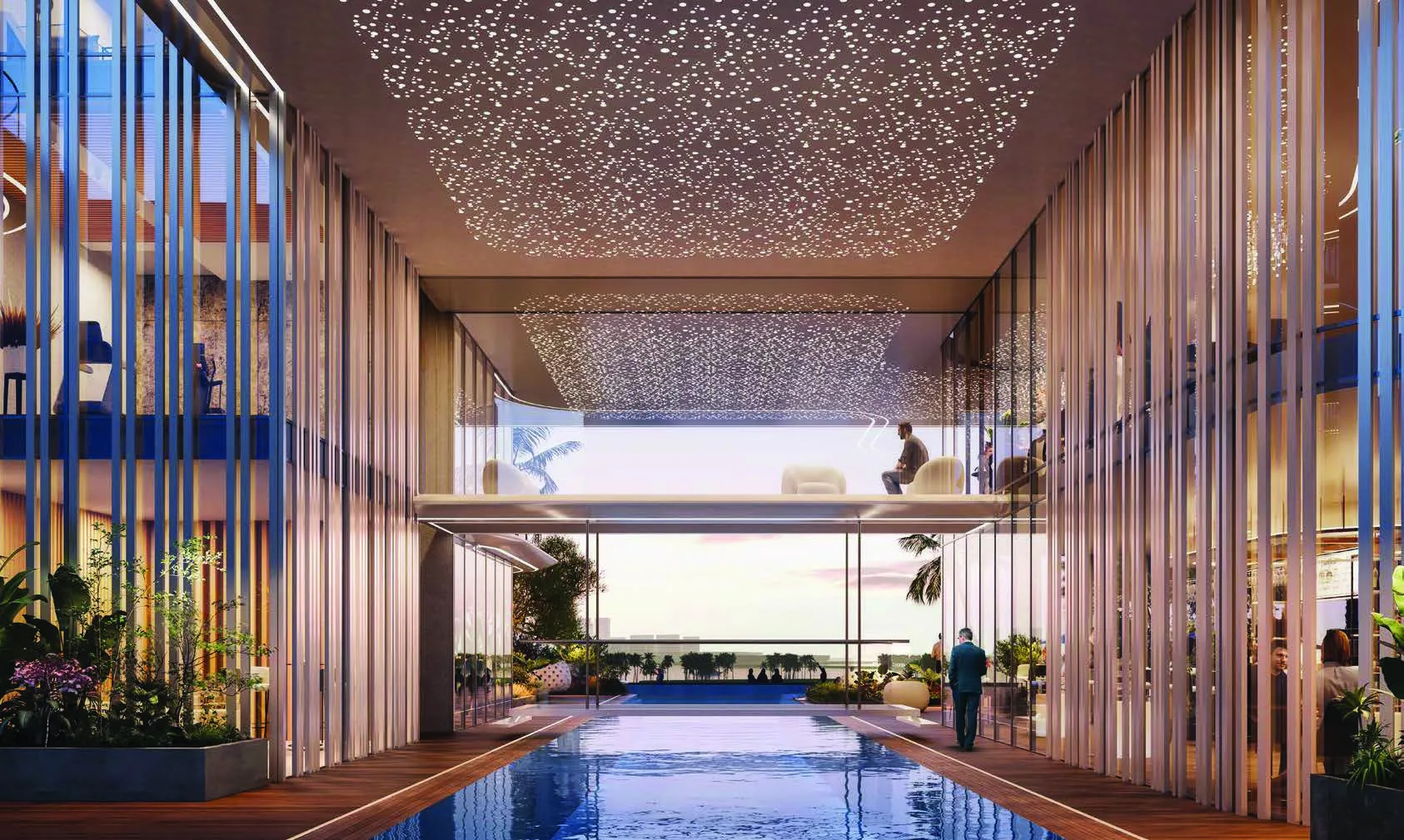 Длинный бассейн Côtier House 2 между светлыми стенами
