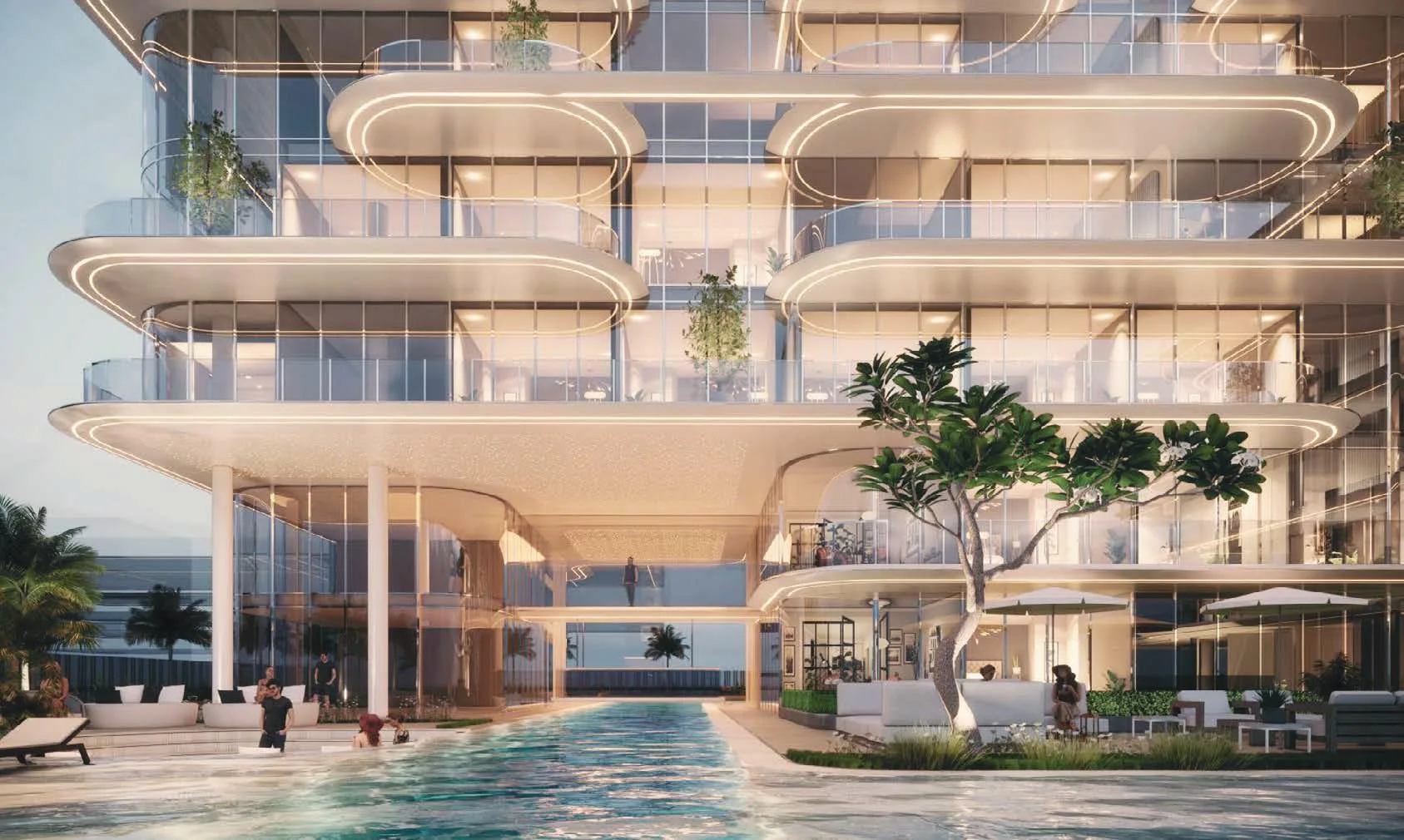 Бассейн Côtier House 2 вечером у подножия дома