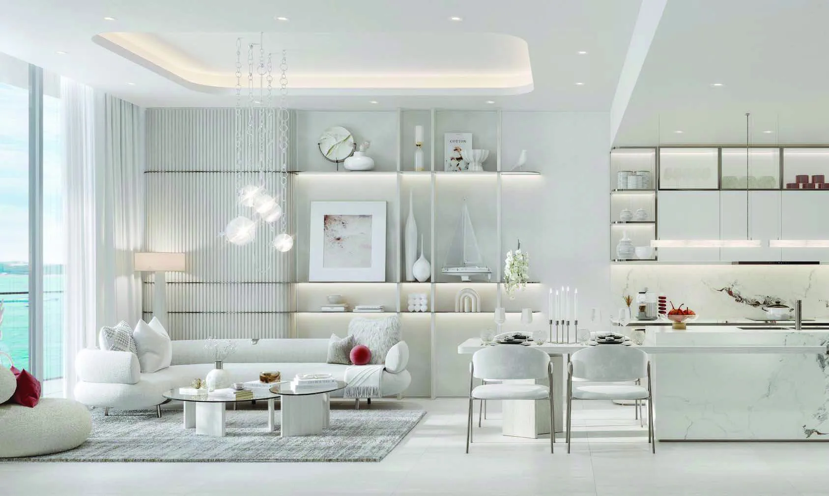 Светлая гостиная с кухней в квартире Côtier House 2