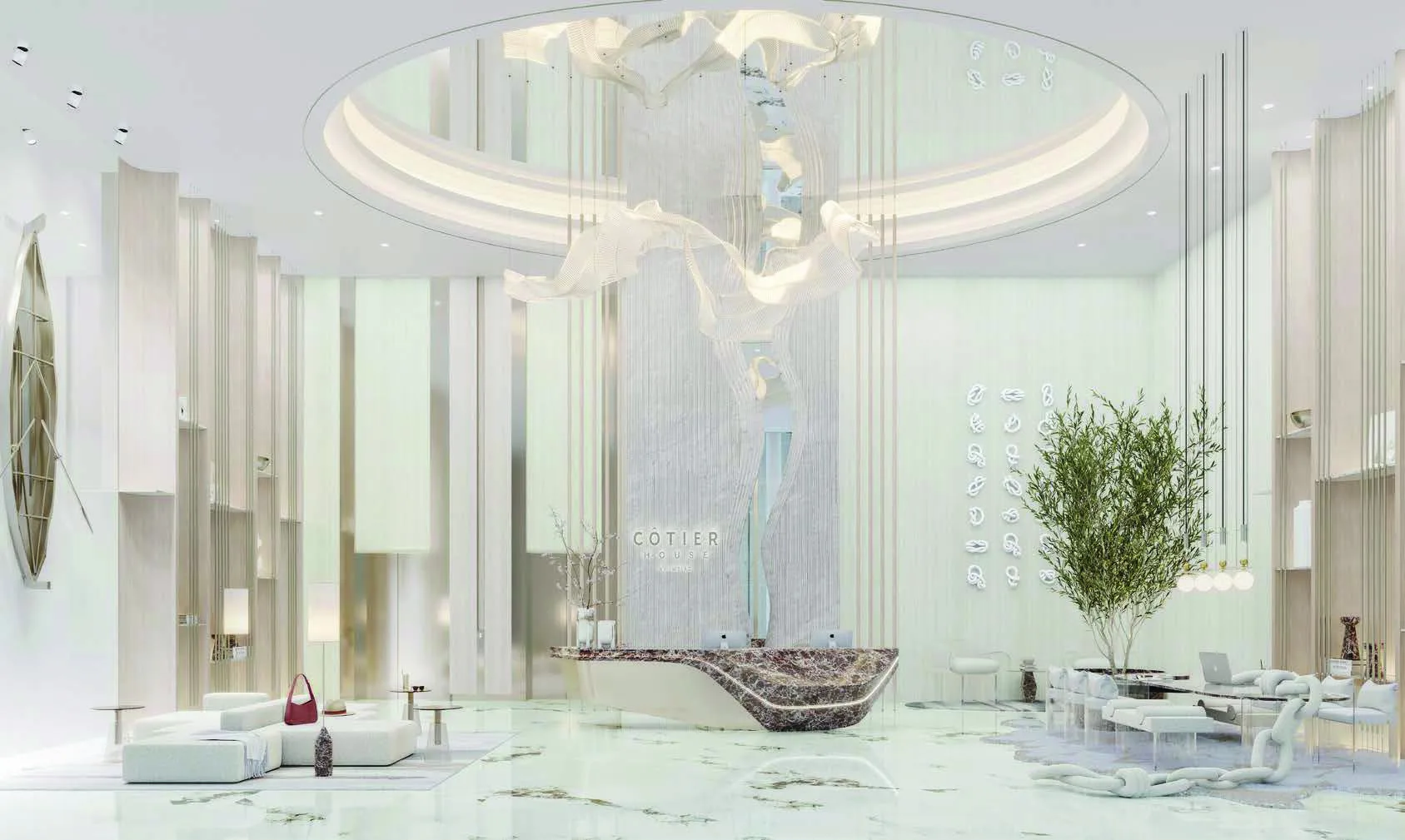 Лобби Côtier House 2 со светлыми стенами и деревом в кадке