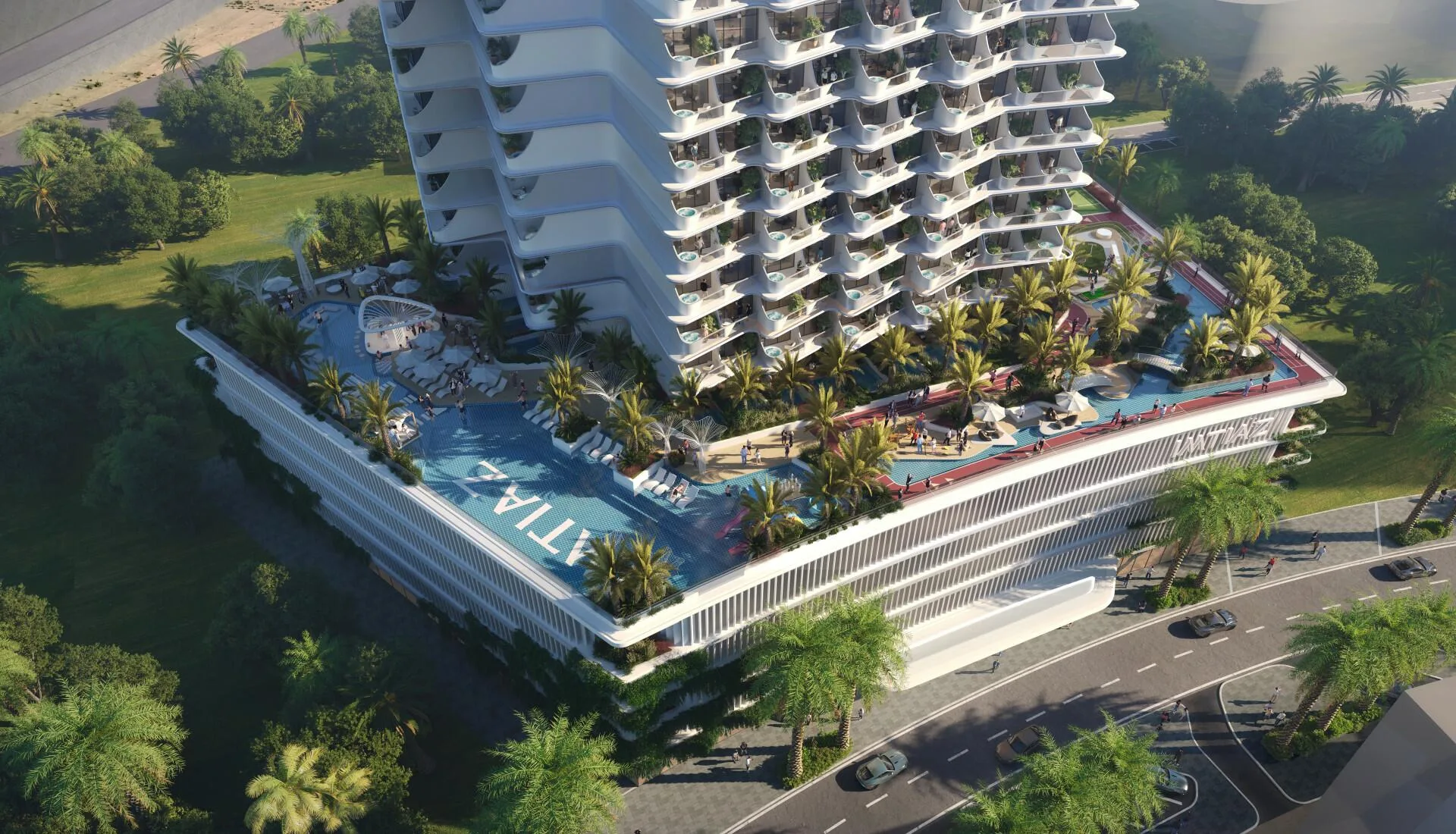Башня Cove и сад с бассейнами на подиуме, вокруг зелень