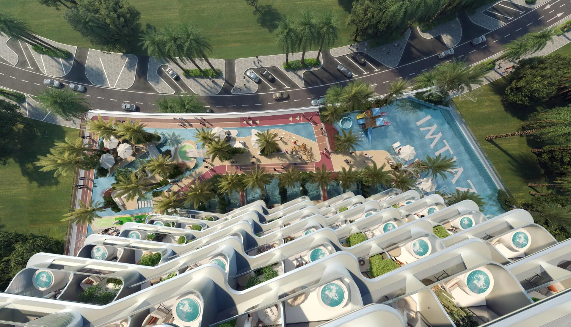 Террасы Cove сверху: изгибы балконов и круглые бассейны