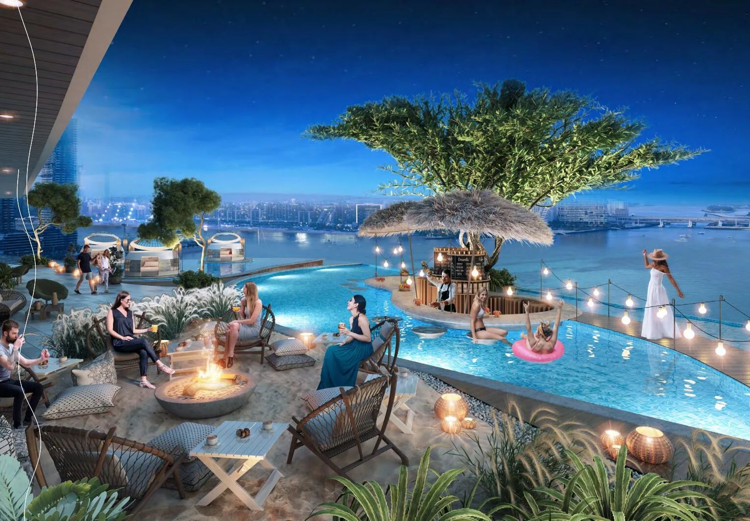 Бассейн DAMAC Bay 2 ночью