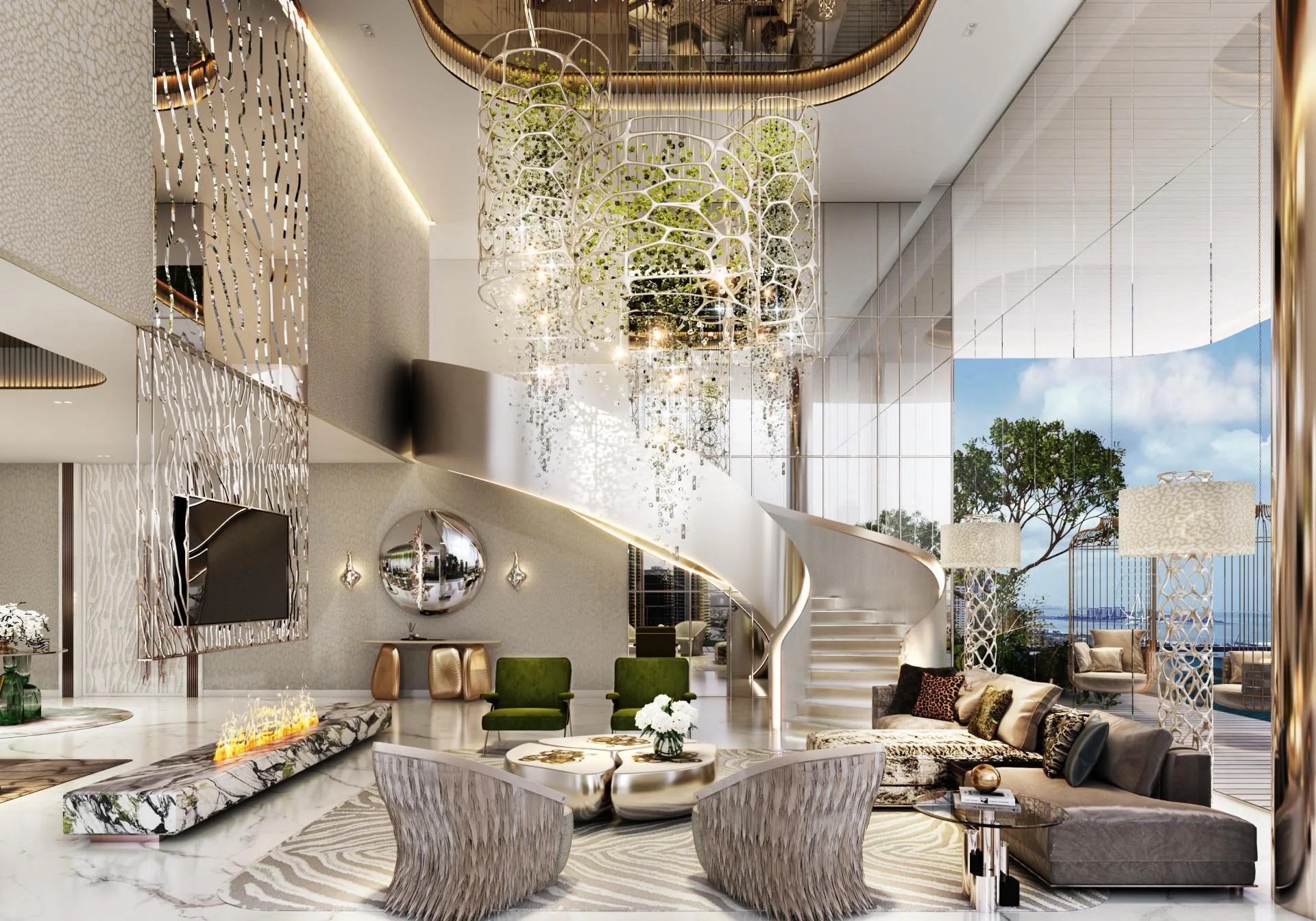 Гостиная дуплекса DAMAC Bay 2 с лестницей на второй уровень