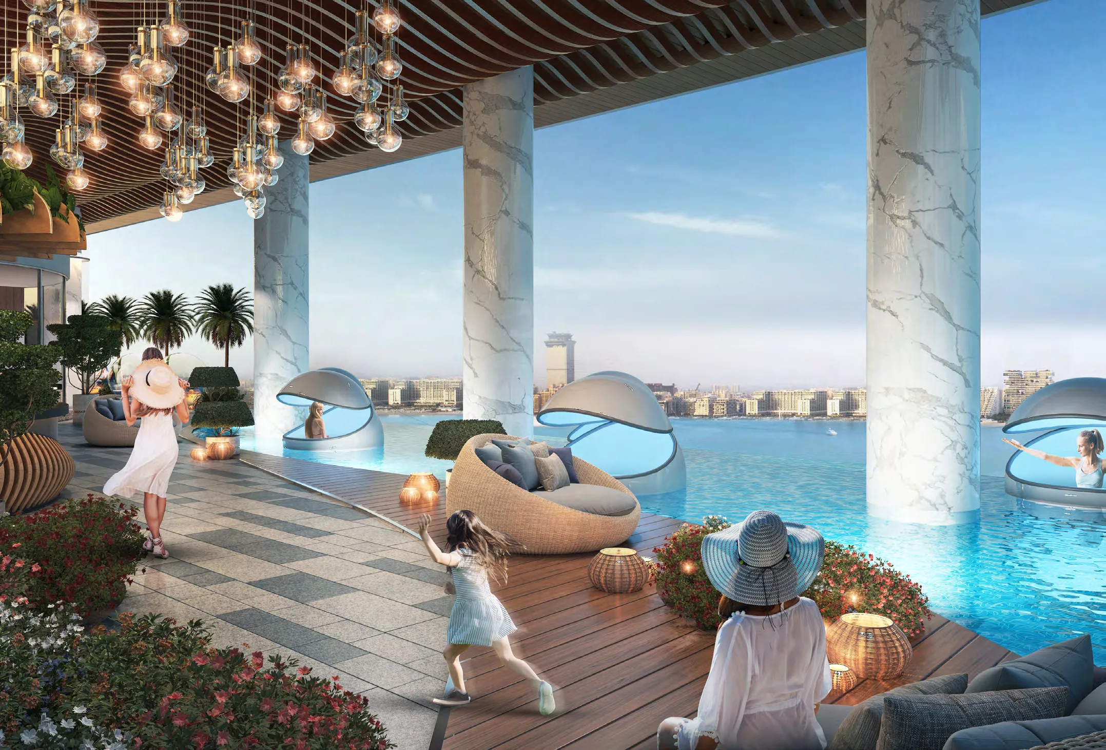 Капсулы с навесами у бассейна DAMAC Bay 2