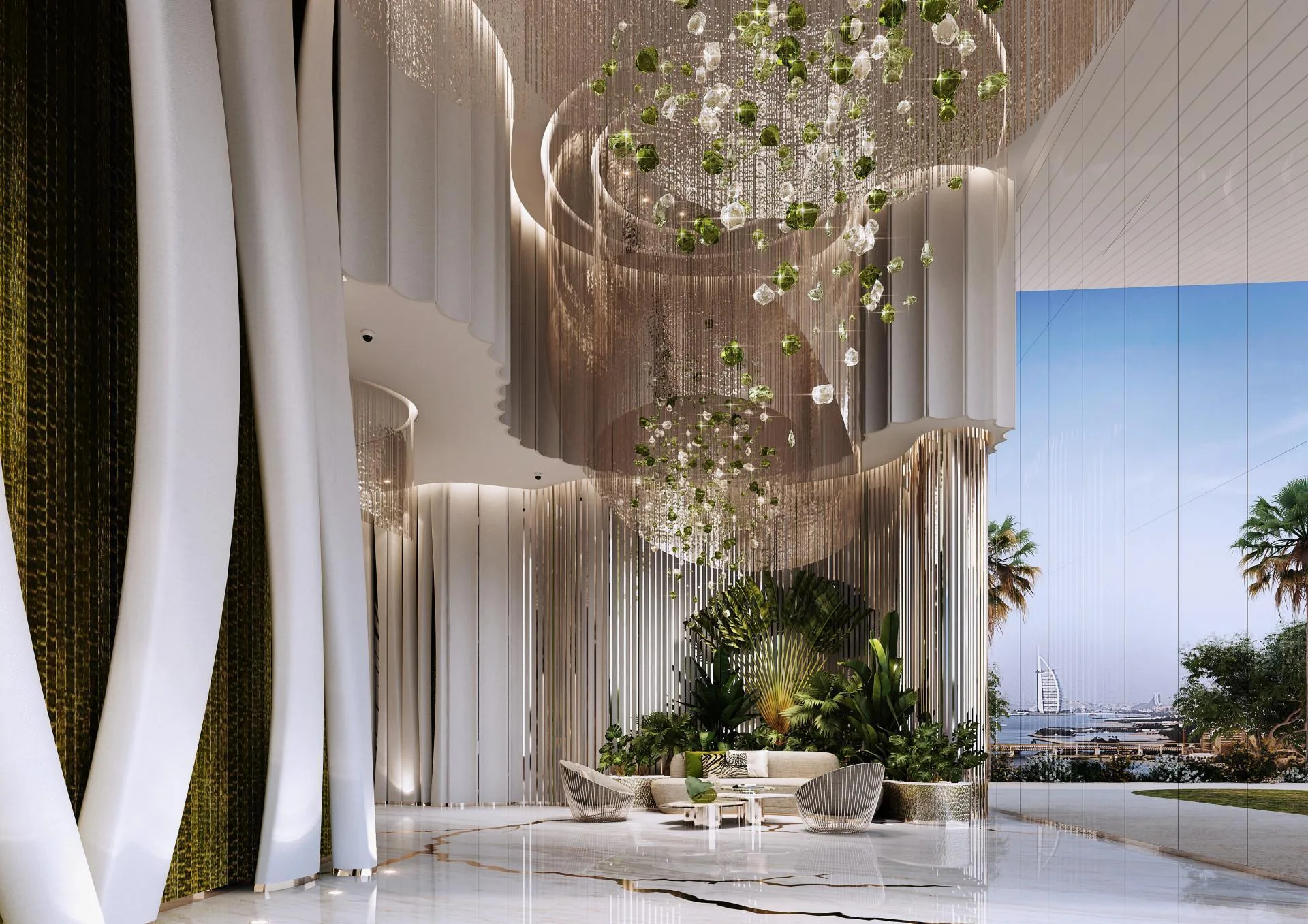 Лобби DAMAC Bay 2 у стеклянной стены