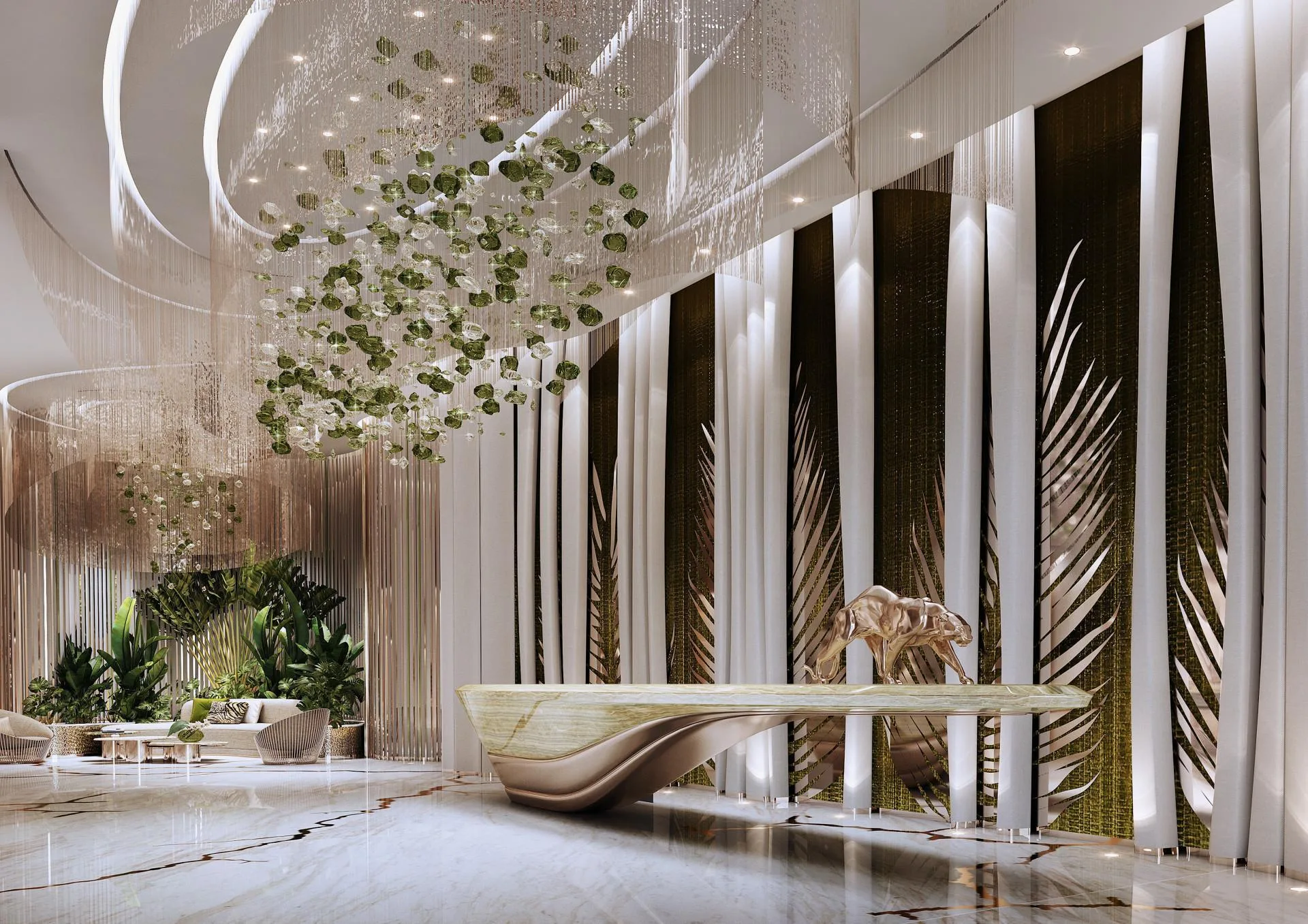 Лобби DAMAC Bay 2 с люстрами и мраморным полом