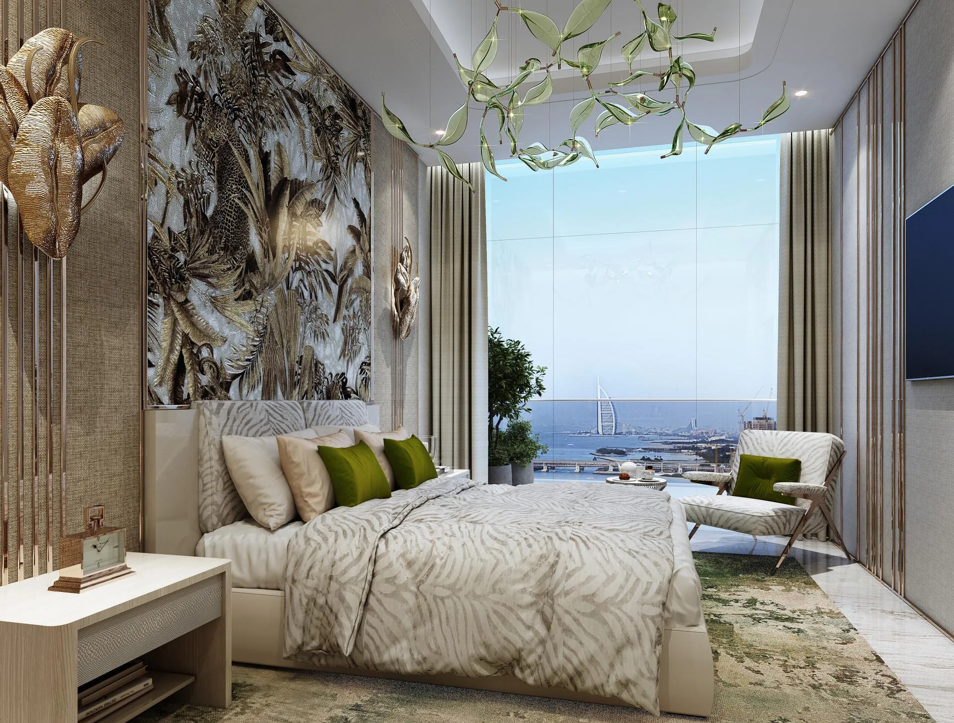 Спальня в квартире DAMAC Bay 2 с видом на воду