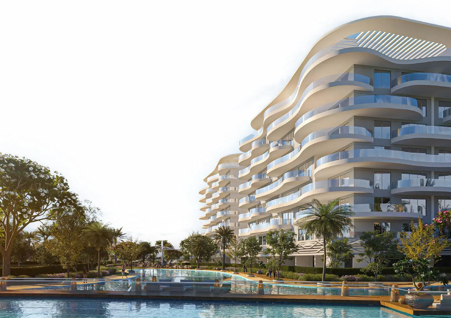 Корпус Damac Lagoon Views над бассейном с дорожками