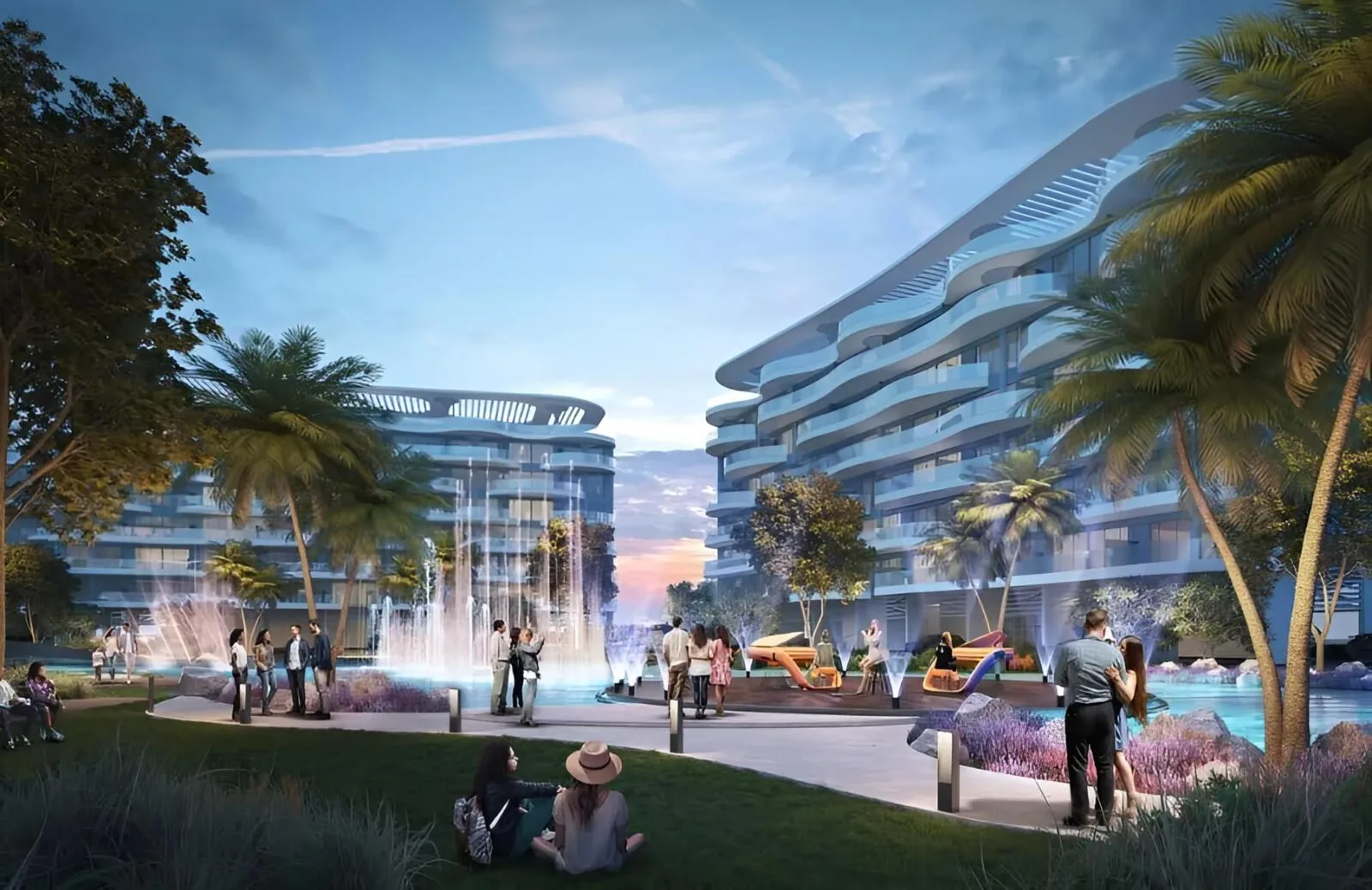 Сад с фонтанами между корпусами Damac Lagoon Views