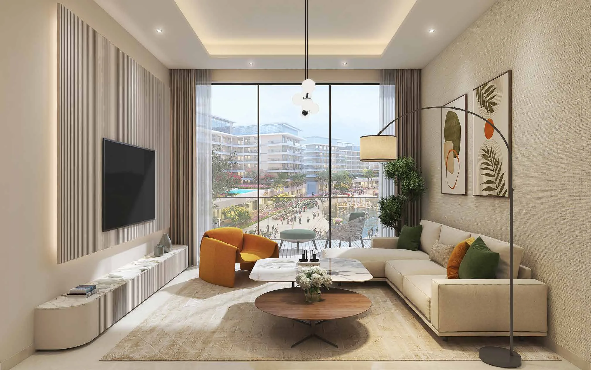 Гостиная в квартире Riverside Views с окном в пол