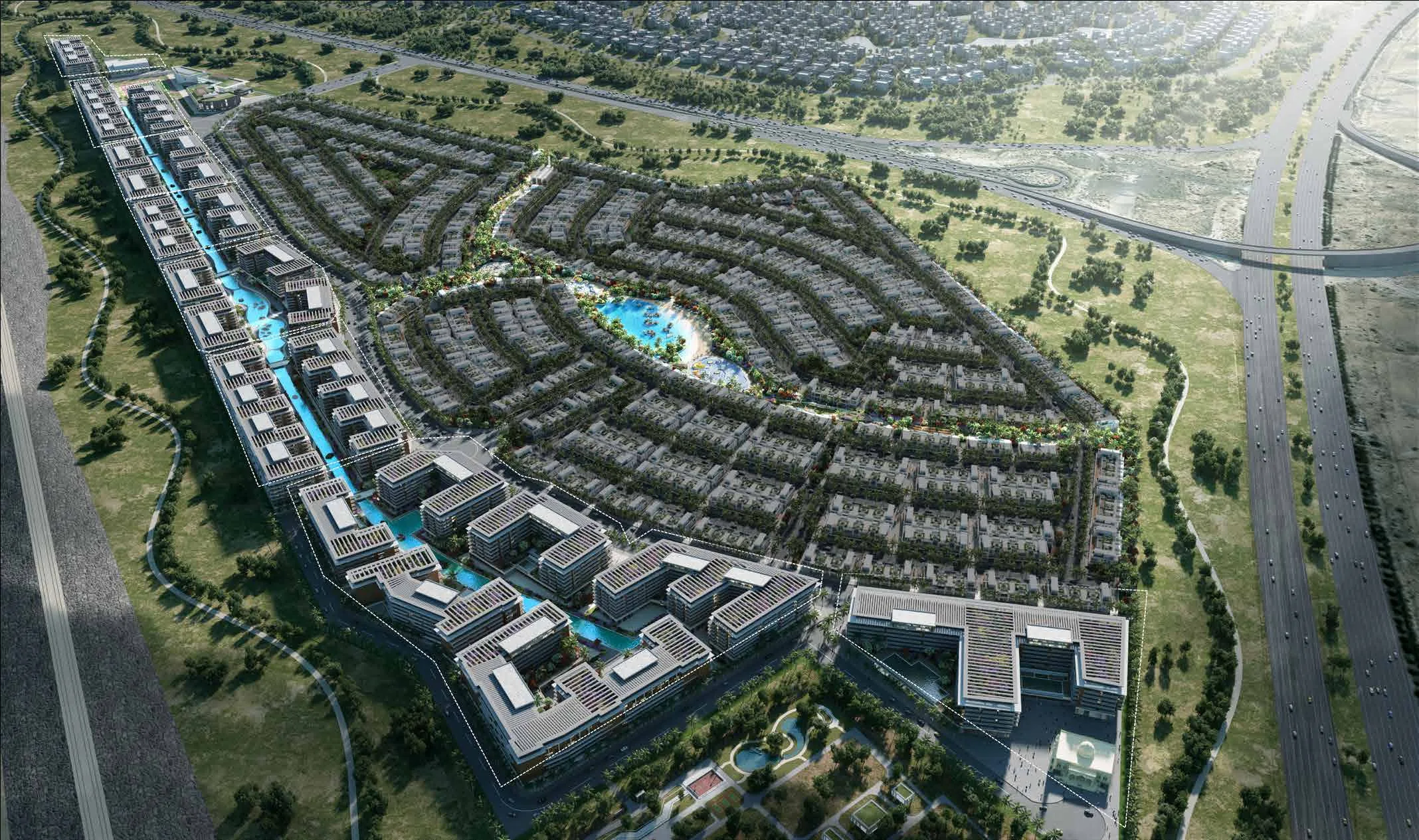 Riverside Views с высоты: водная улица вдоль корпусов и сады