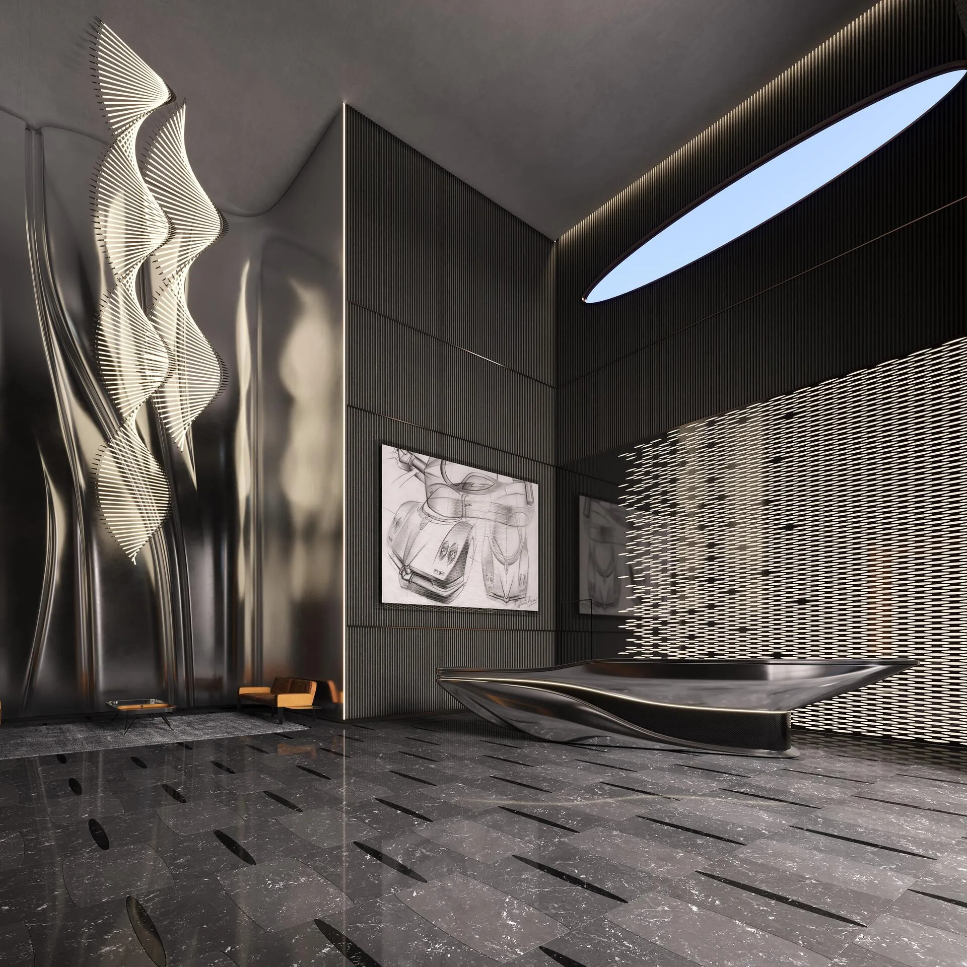 Стальной атриум DaVinci Tower целиком: скульптура, эскизы Pagani и ресепшен