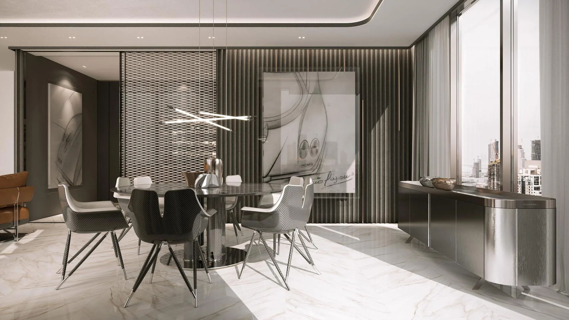 Столовая в резиденции DaVinci Tower: мрамор, сталь и эскиз автомобиля Pagani на стене