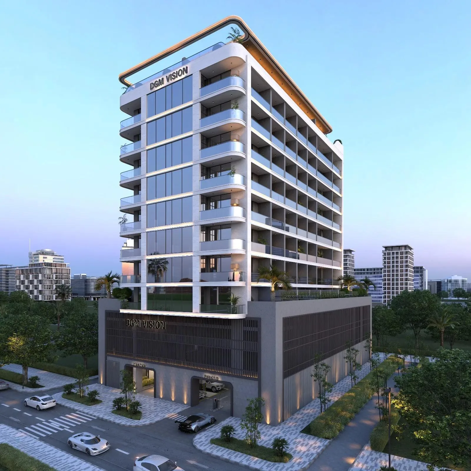 Дом DGM Vision в Jumeirah Garden City: светлый фасад с балконами