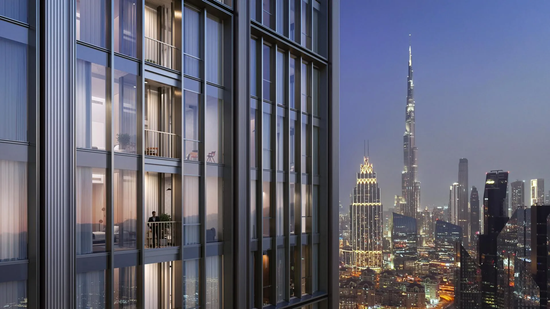 Балконы DIFC Heights Tower и вечерний Дубай