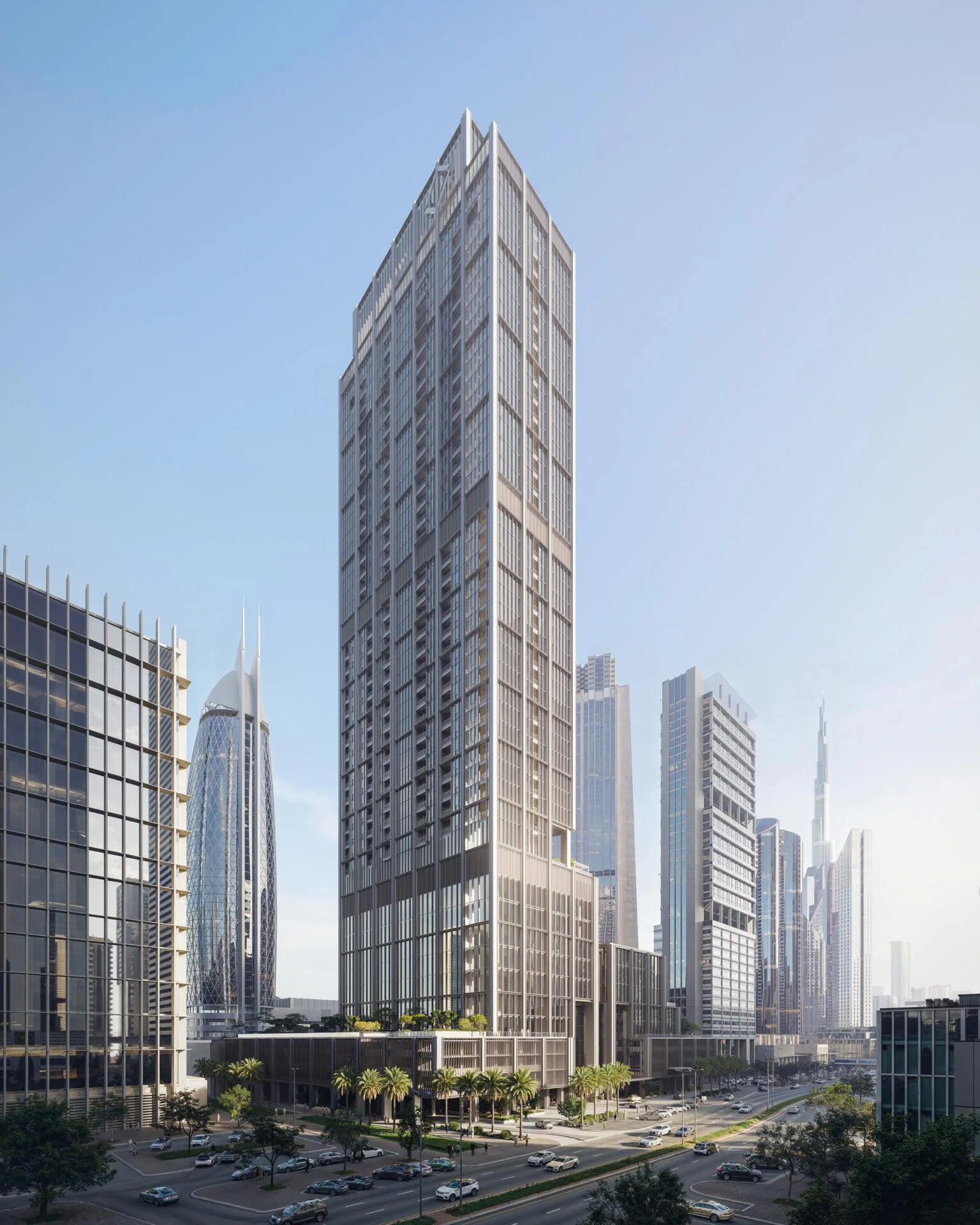 DIFC Heights Tower днём: башня над подиумом с пальмами