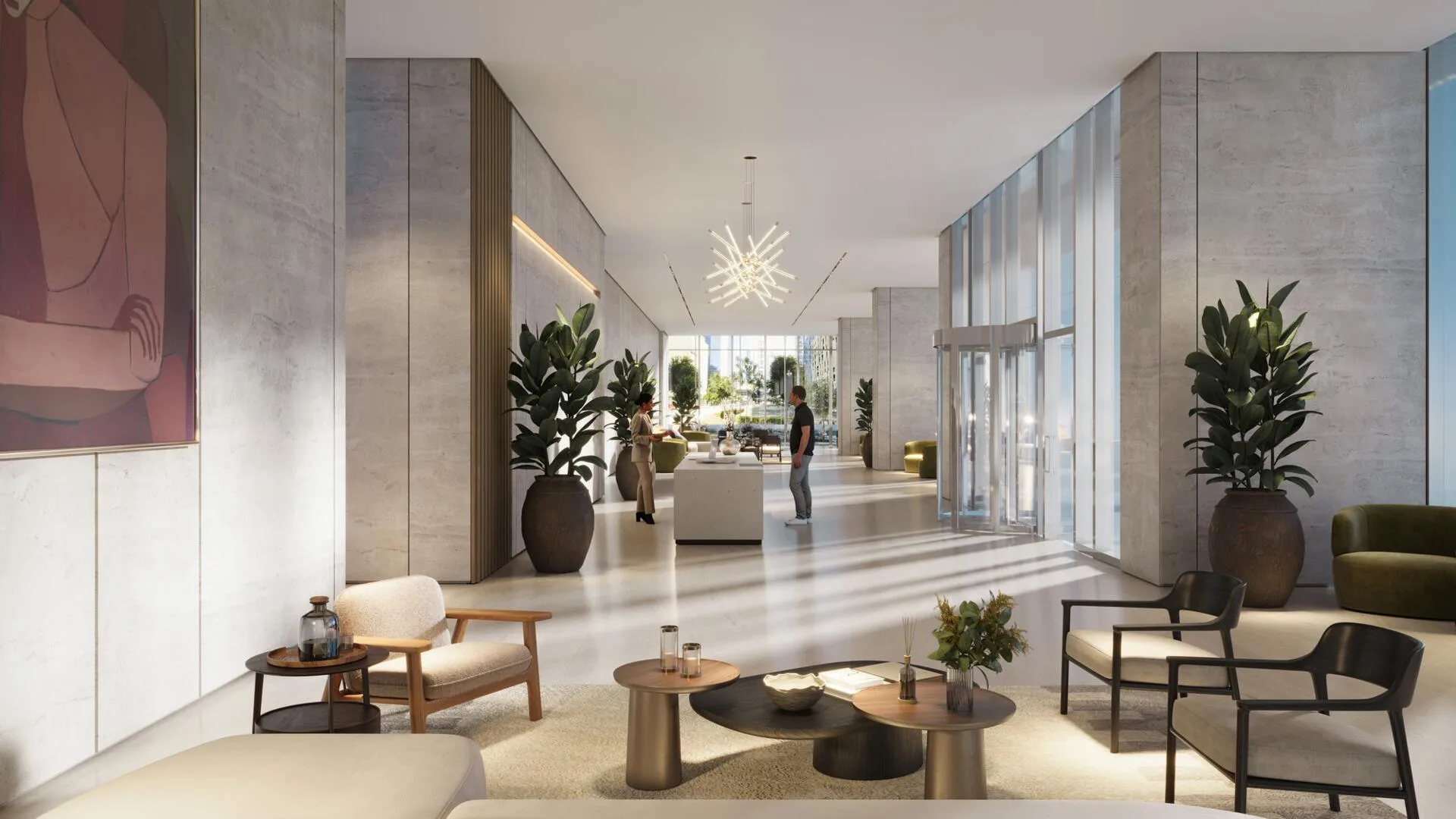 Лобби DIFC Heights Tower: камень, растения и мягкая мебель